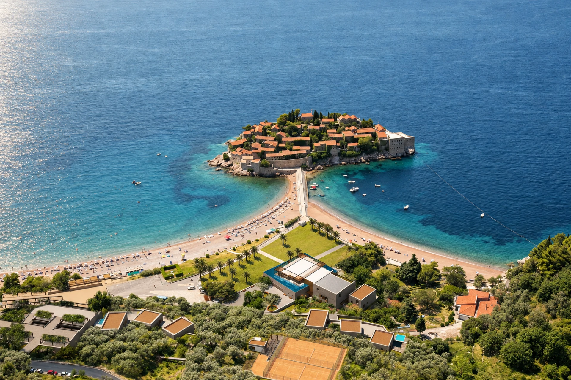 Resort and Sveti Stefan coastal setting — aerial visualisation