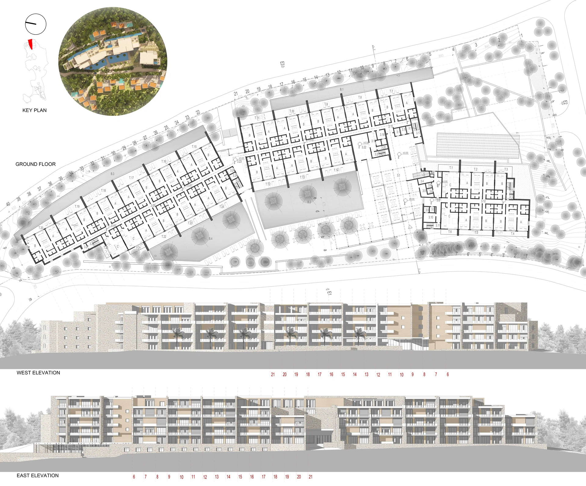 Hotel plan and elevations