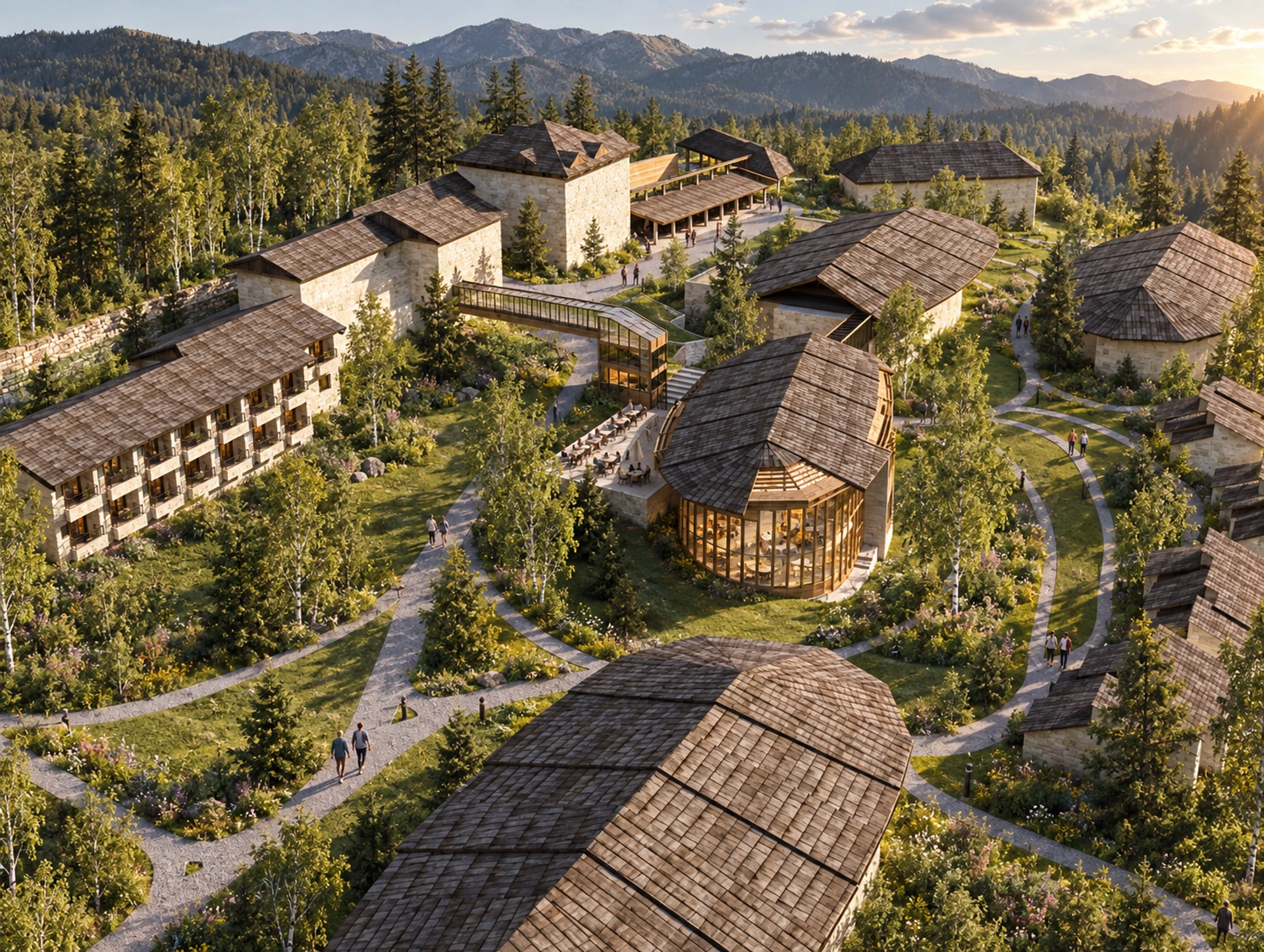 Resort buildings, covered link and landscaped paths — design visualisation