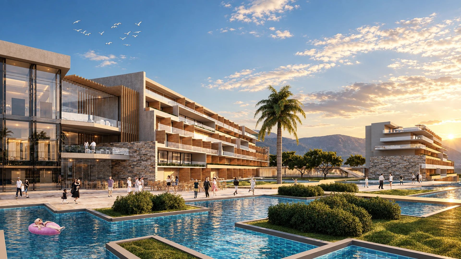 Resort buildings and pool garden — design visualisation
