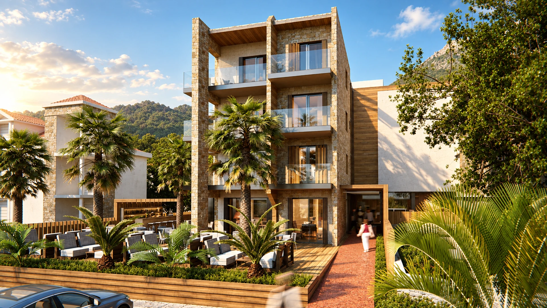 Hotel façade and garden terrace — design visualisation