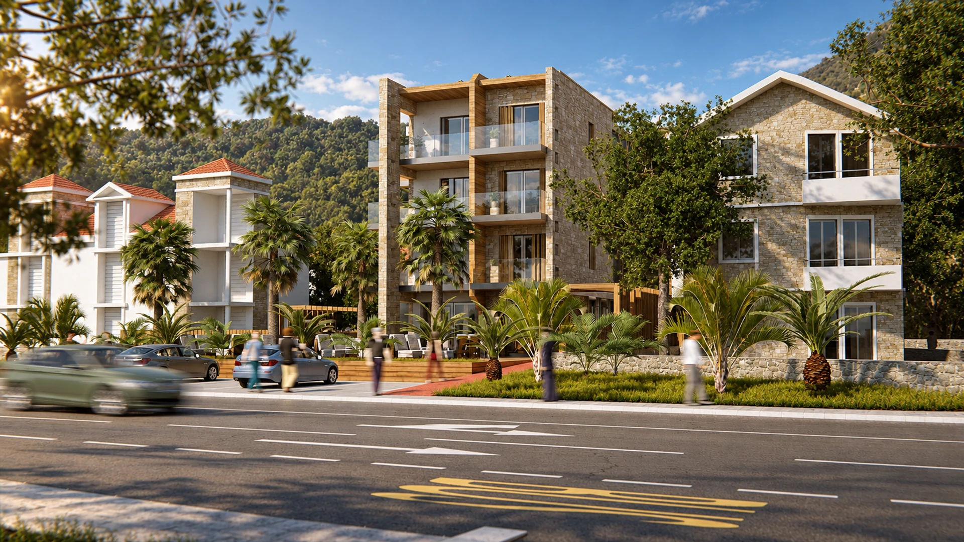 Hotel viewed from the coastal road — design visualisation