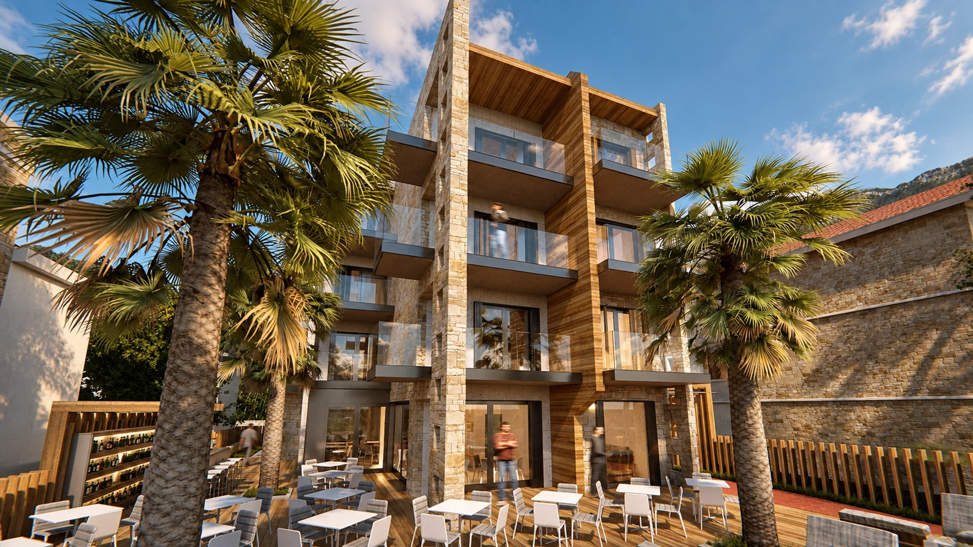 Stone façade and balconies above the terrace — design visualisation