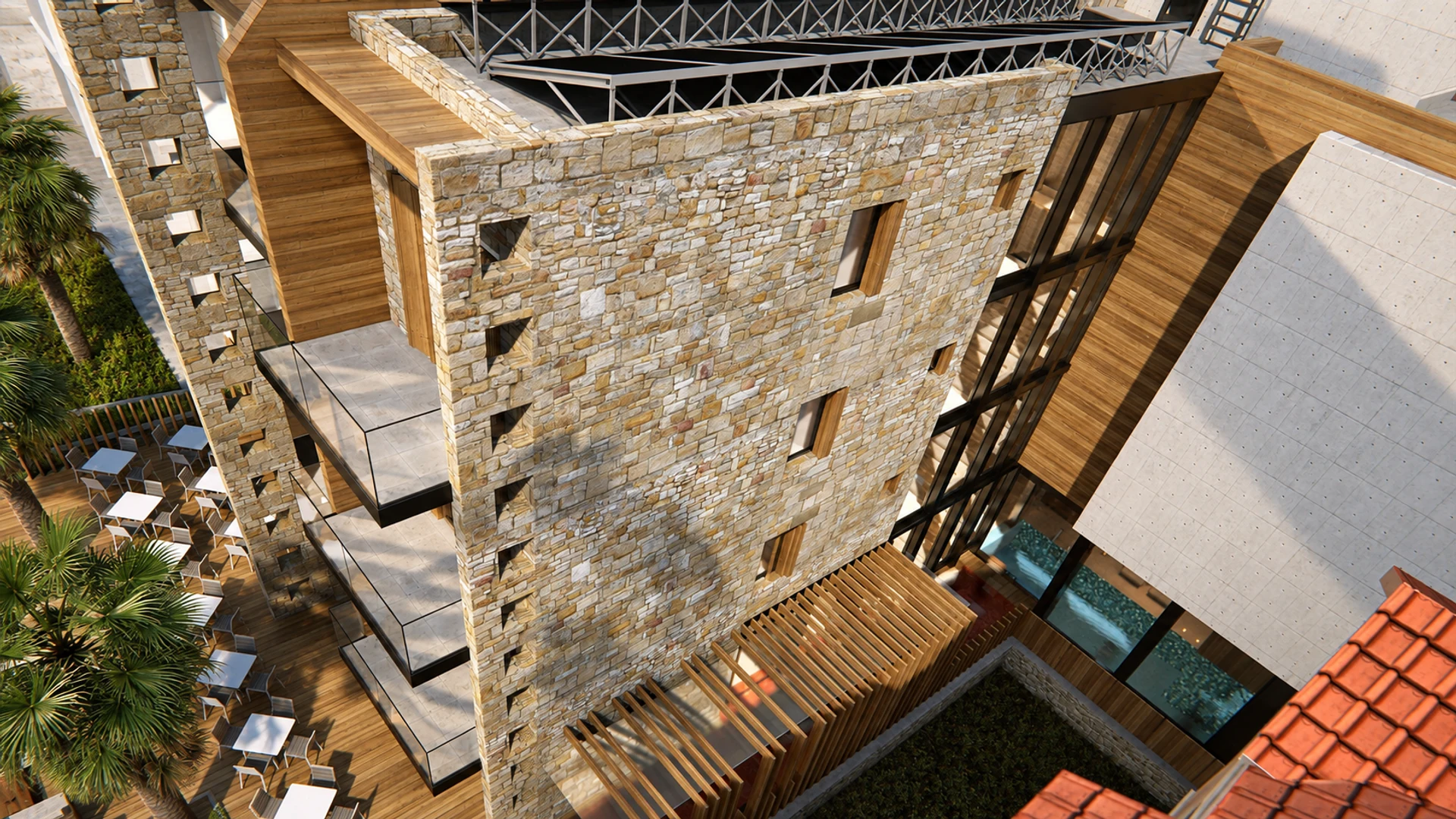 Stone wall and balcony detail — design visualisation