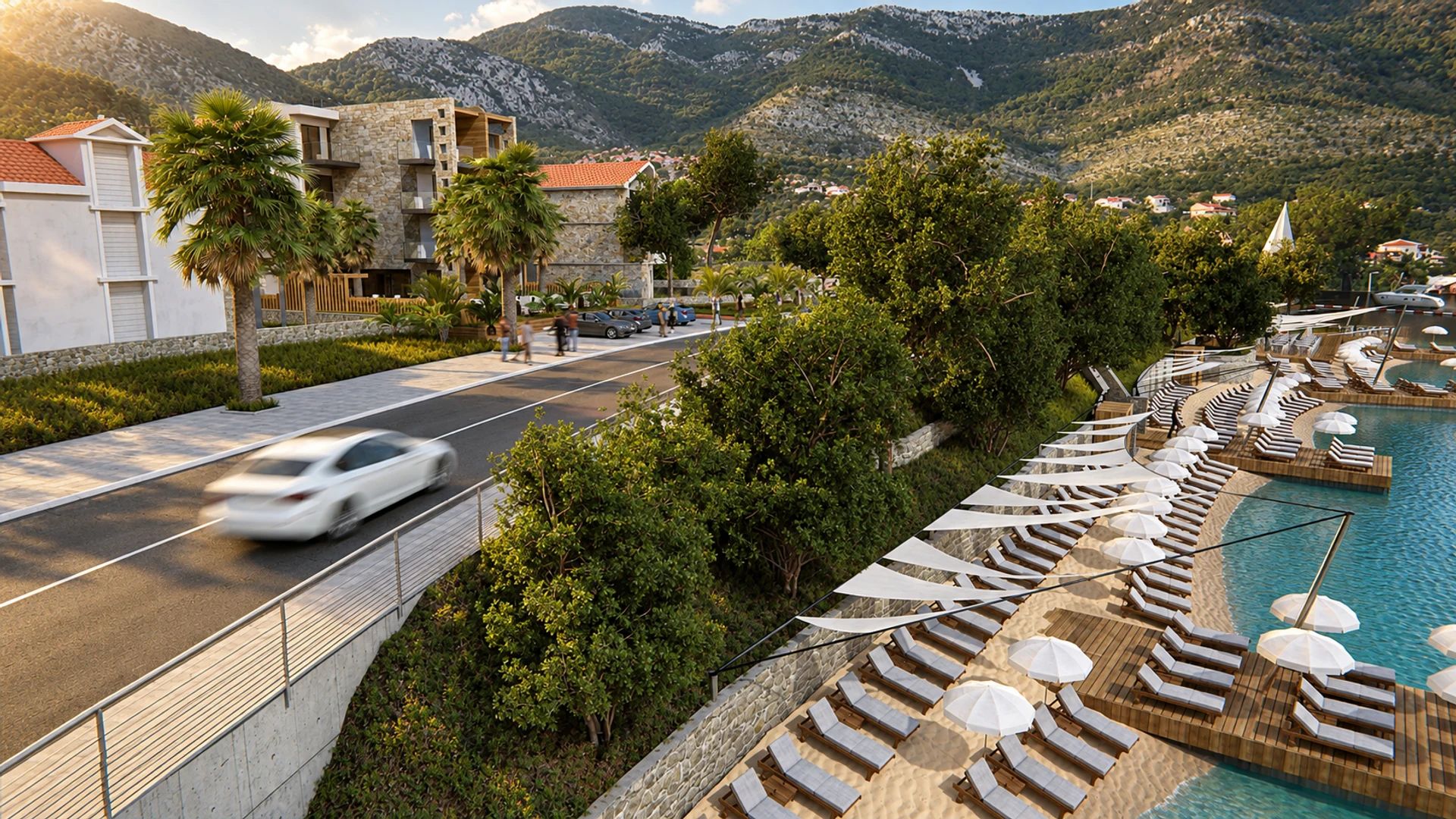 Beach terraces beside the coastal road — design visualisation