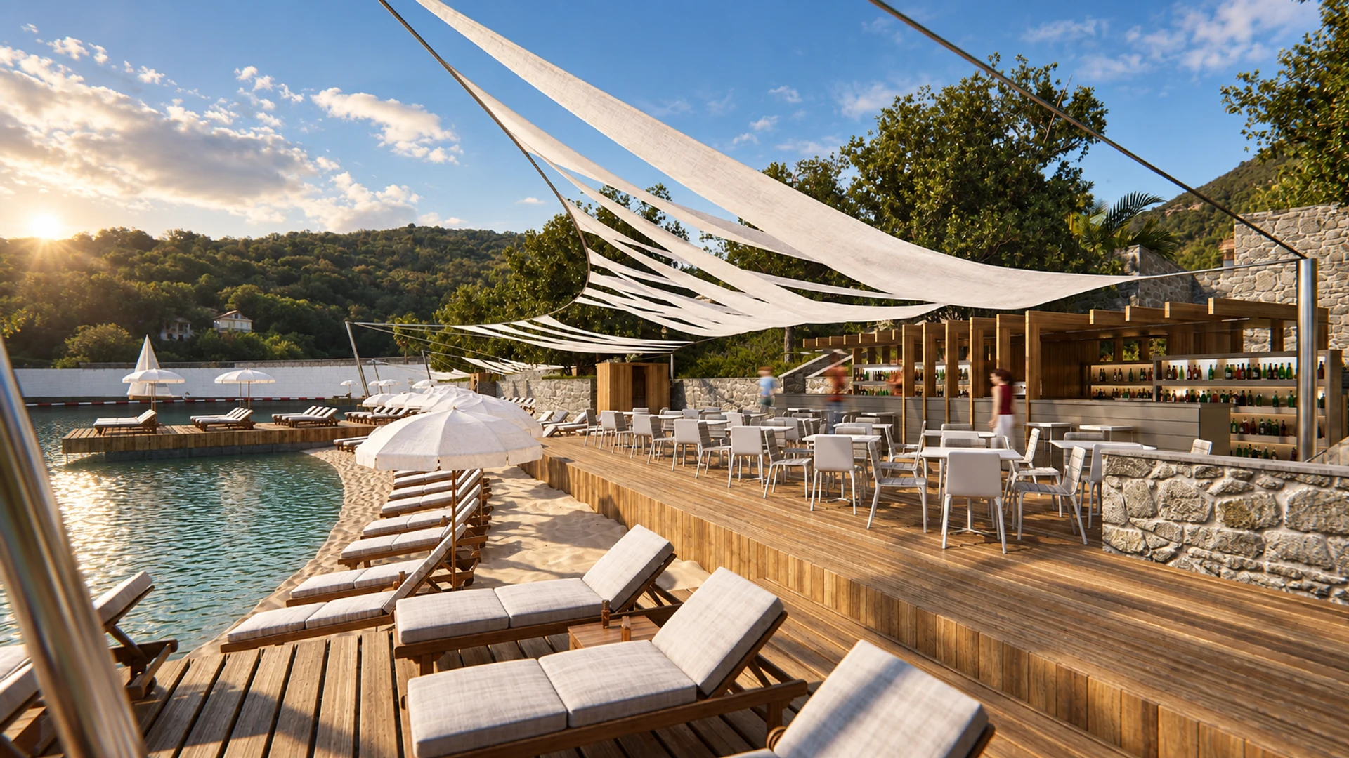 Beach bar and shaded seating — design visualisation
