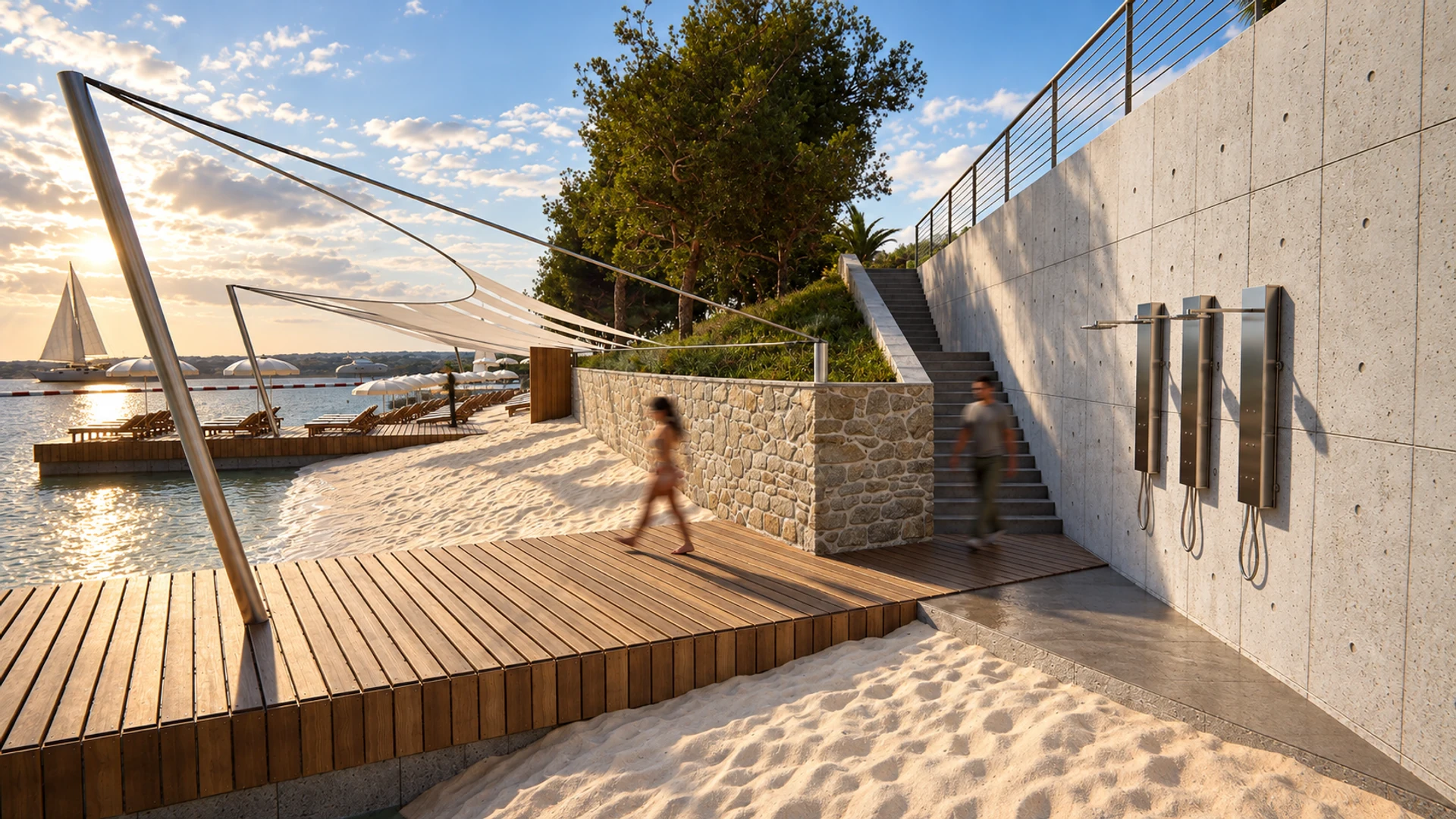 Beach access beside the retaining wall — design visualisation