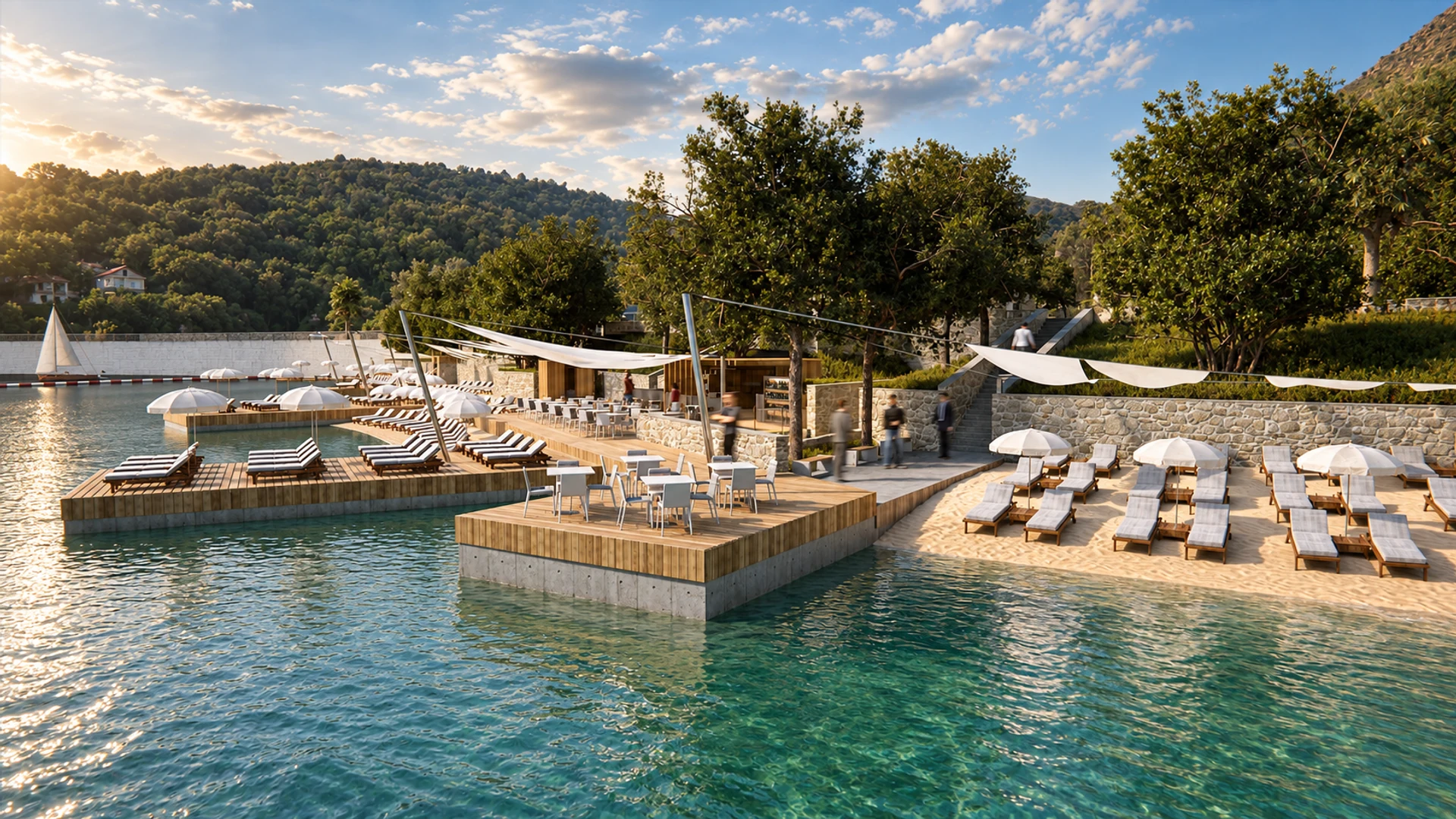 Beach terraces viewed from the water — design visualisation