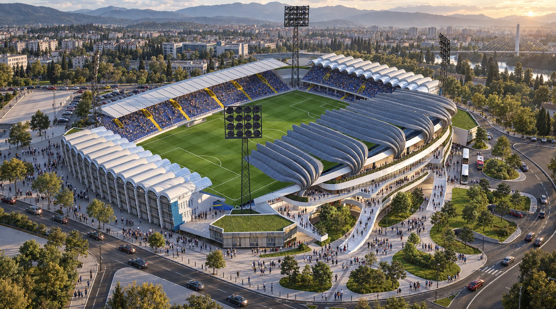 Stadium and landscaped approach from above — East Stand of Podgorica City Stadium