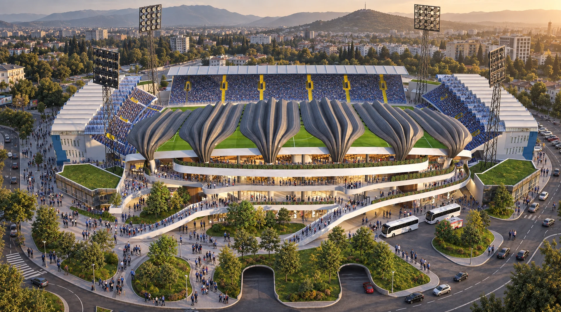 East facade, ramps and arrival plaza — East Stand of Podgorica City Stadium