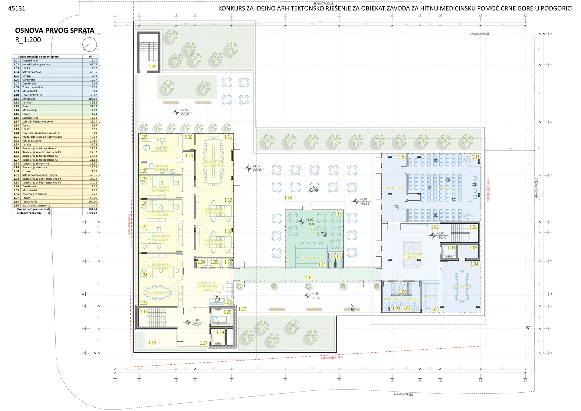 First-floor plan — administration, auditorium and cafe
