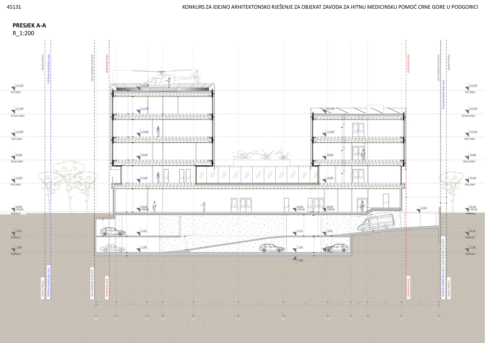 Section A–A — public podium, upper wings and two underground levels
