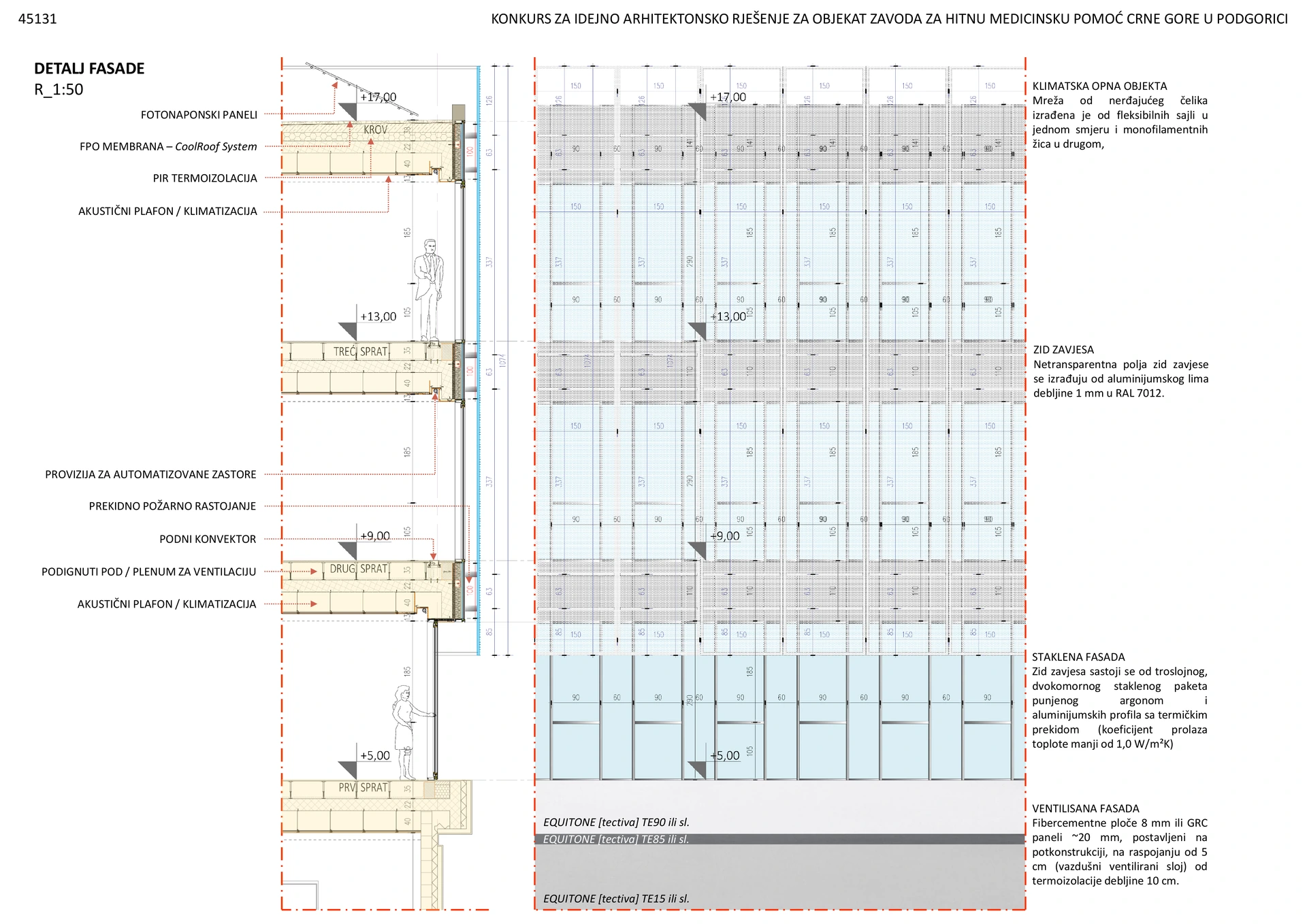 Facade detail — glazing, metal screen and mineral cladding