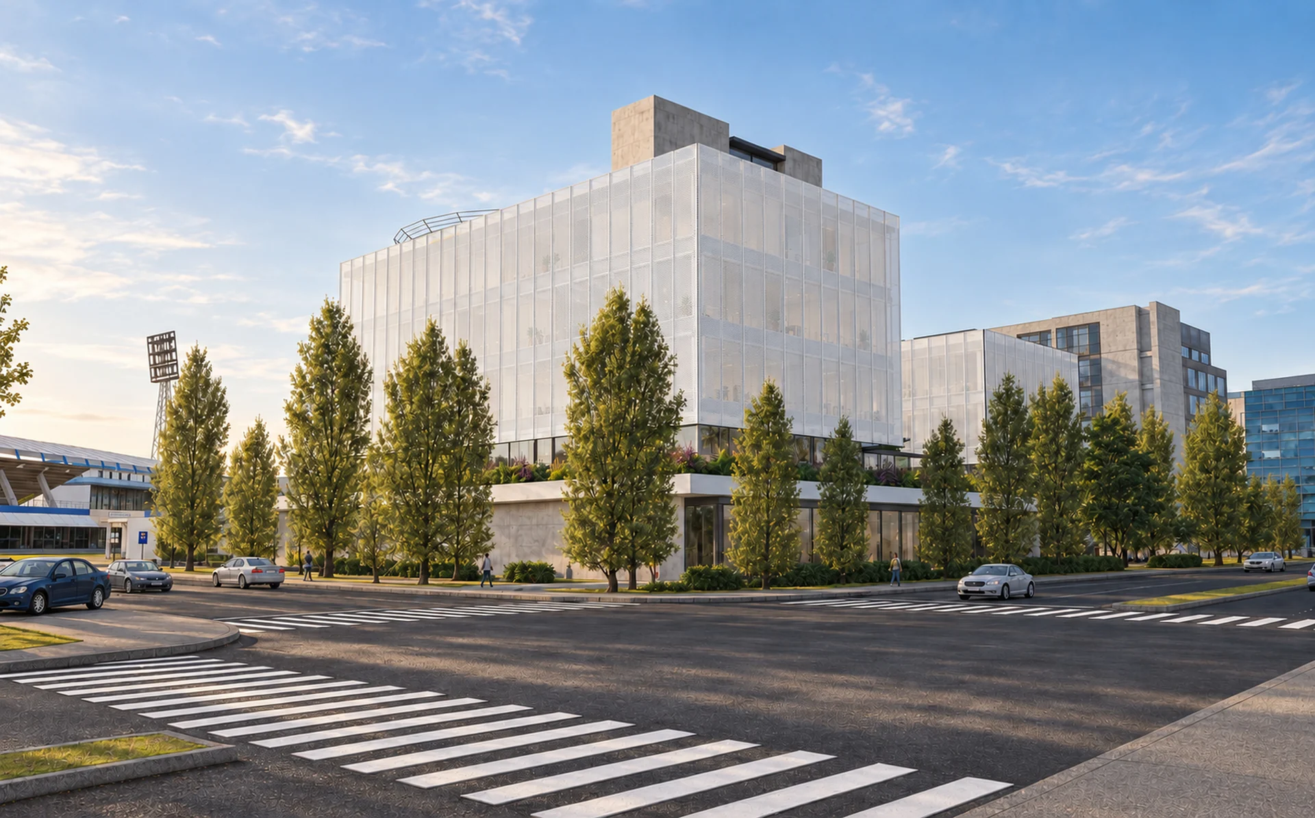 The street corner — layered volumes and a filtered facade