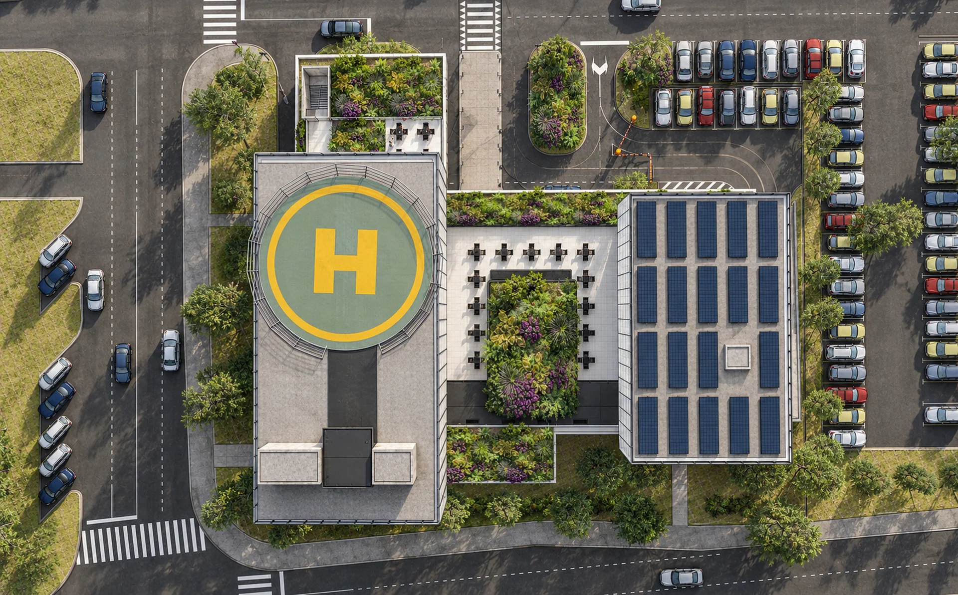 Roofscape — planted terraces, photovoltaic fields and the future heliport