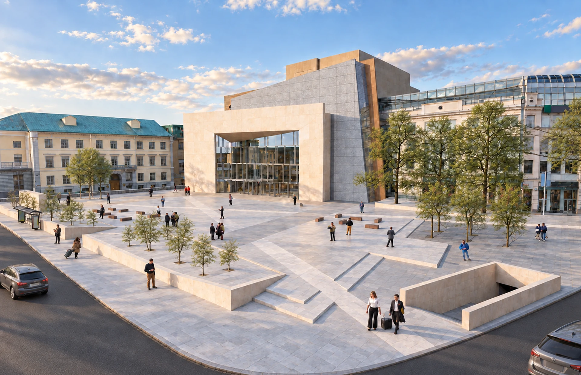 Theatre extension and public forecourt in winter — design visualisation
