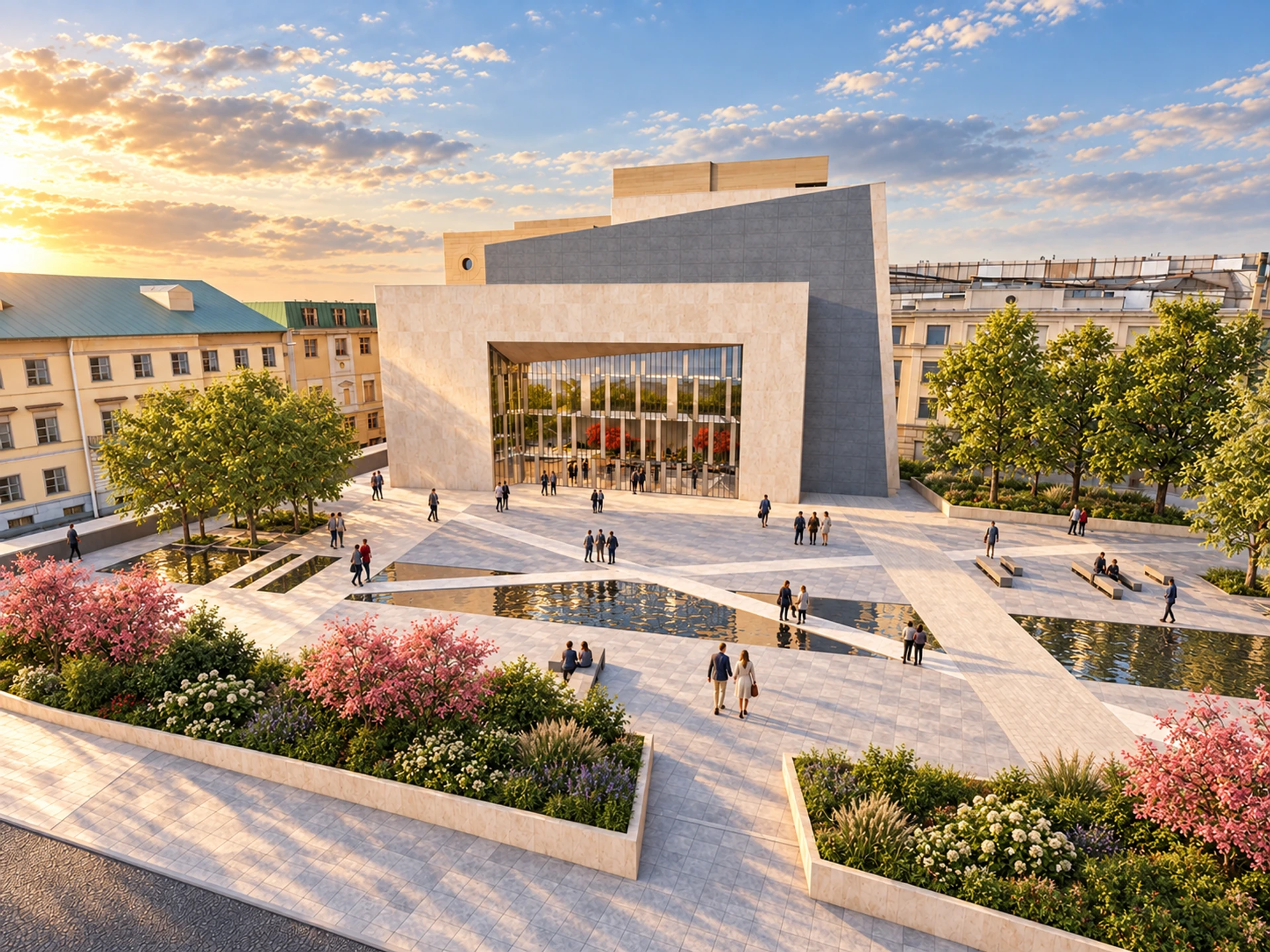 Et Cetera Theatre and its public forecourt with people, trees and reflecting pools in warm evening light