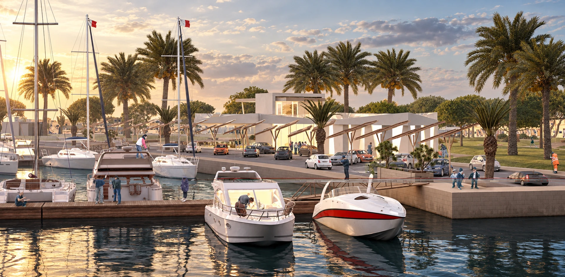 Marina and landscaped waterfront at dusk — design visualisation
