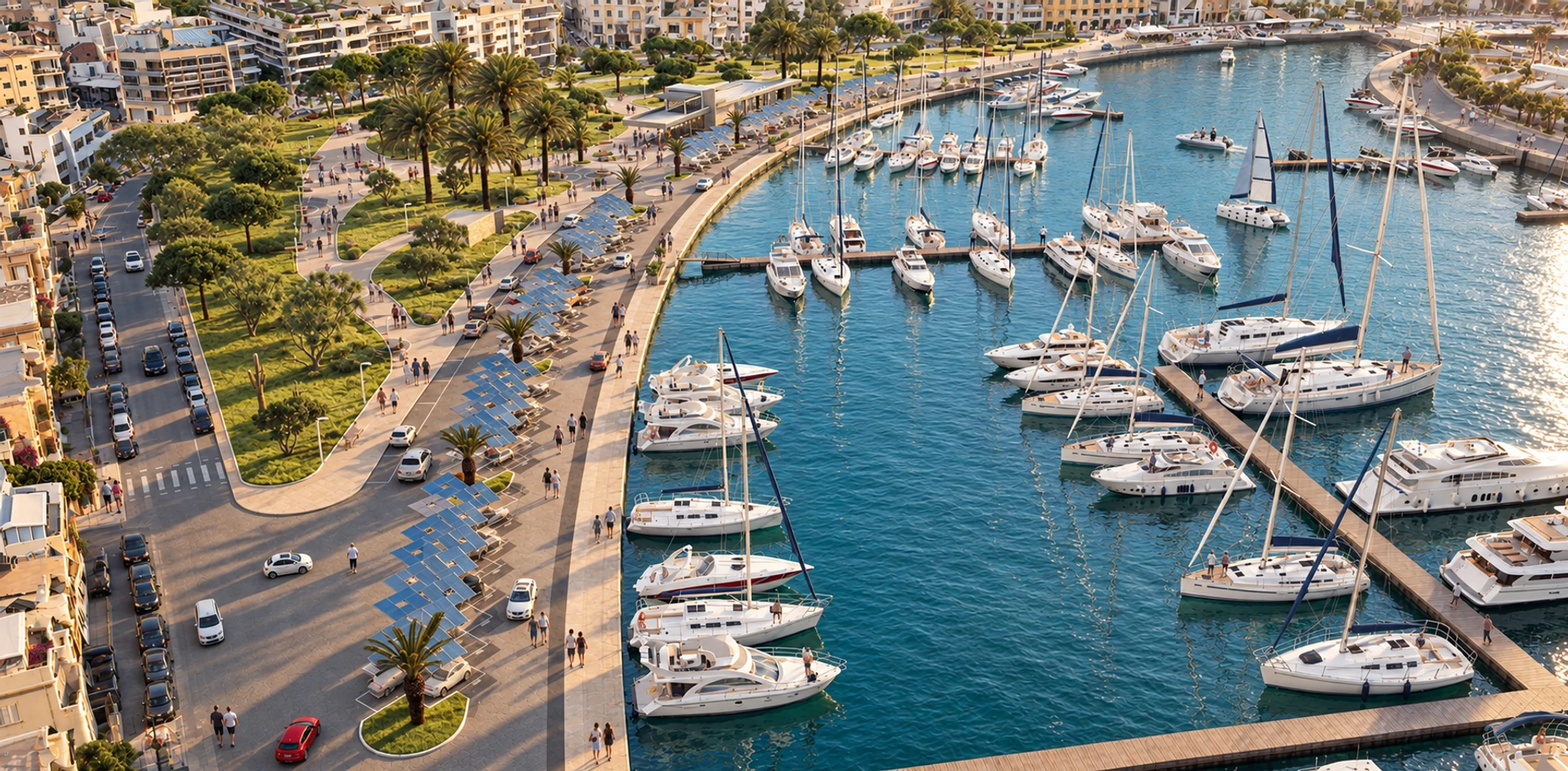 Aerial view of the landscaped Gzira waterfront, promenade and yacht marina at late afternoon