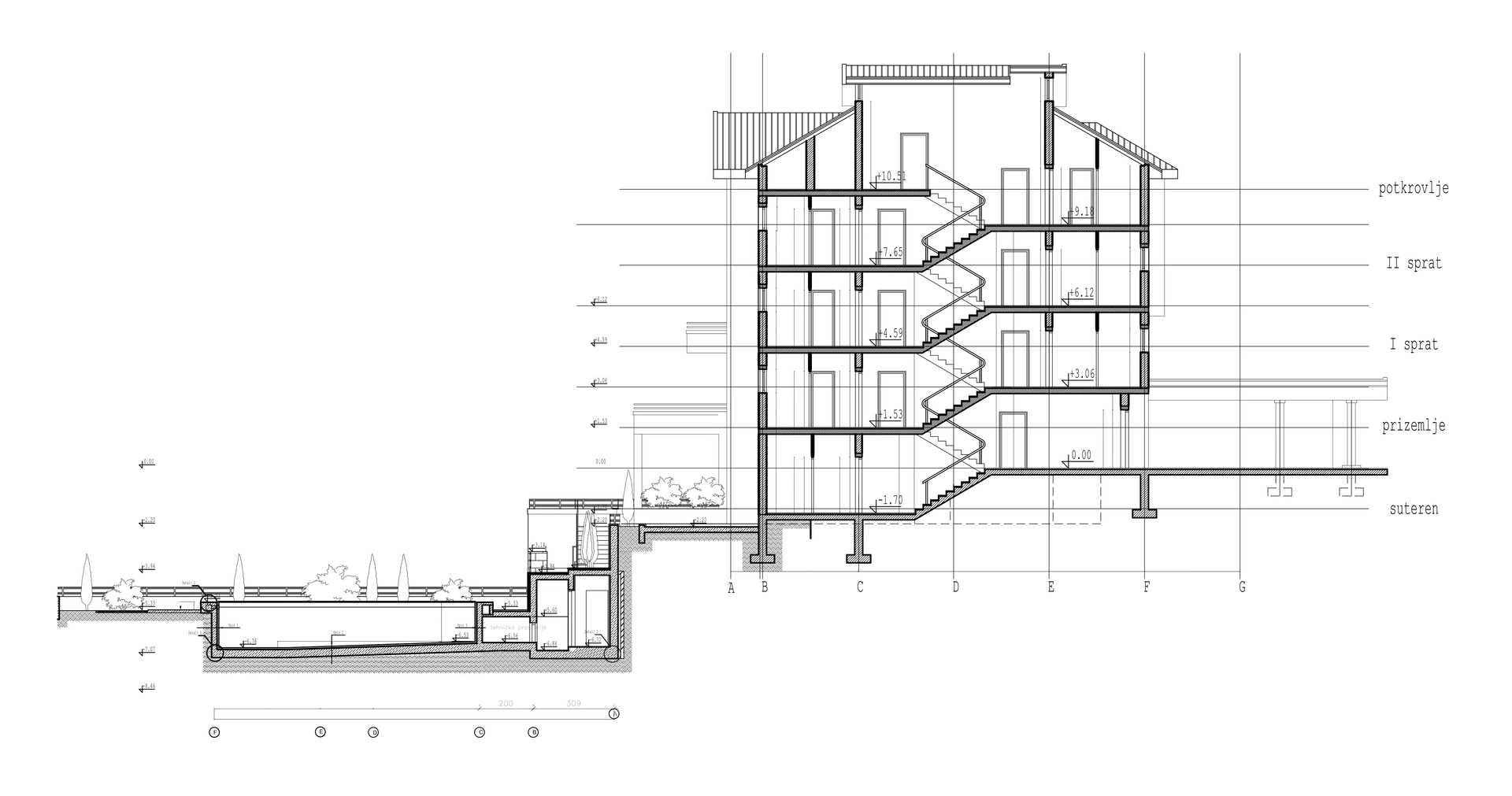 Hotel Renome, Petrovac — Longitudinal section through the hotel and pool terrace