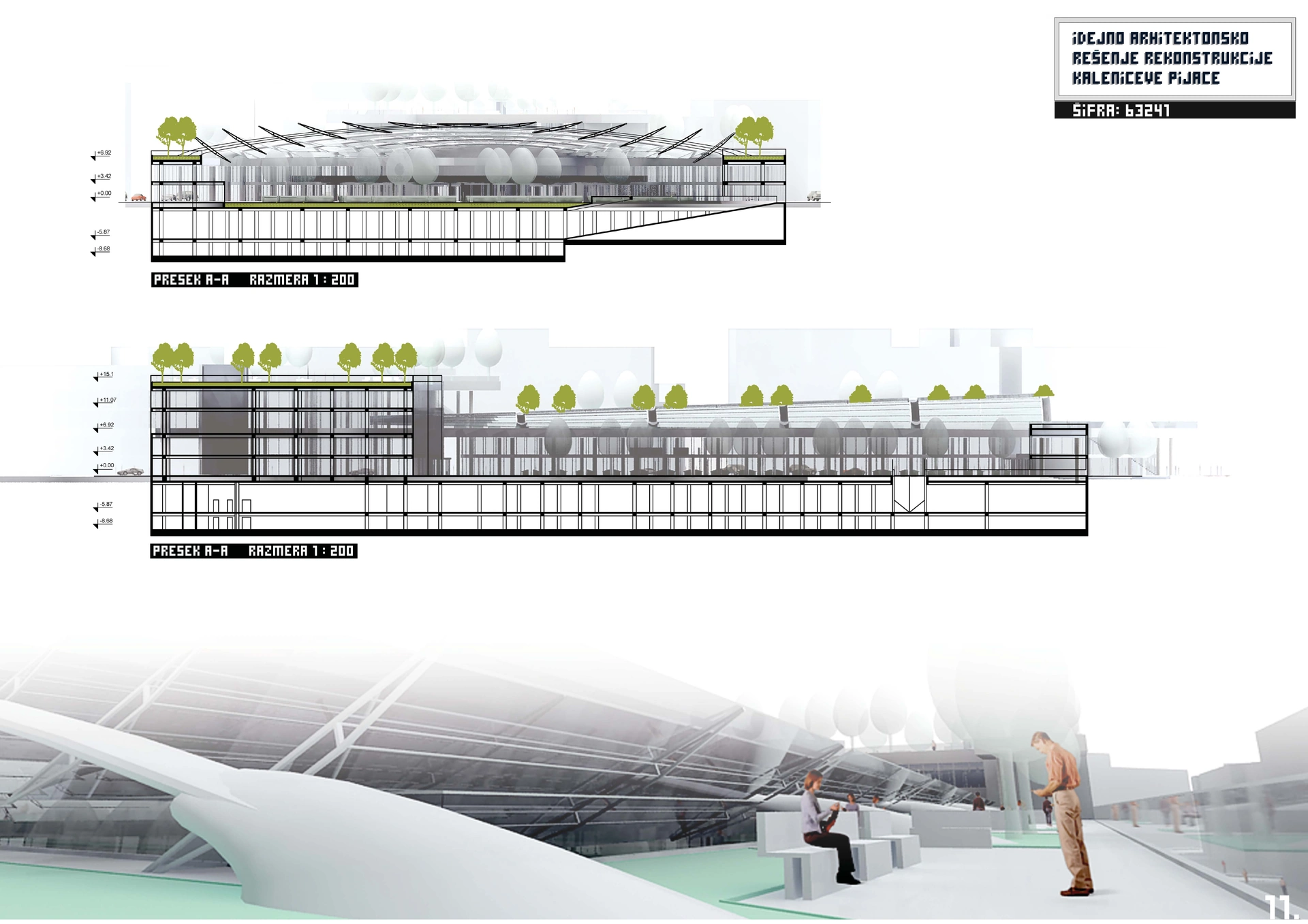 Kalenic Green Market — building sections and roof terrace