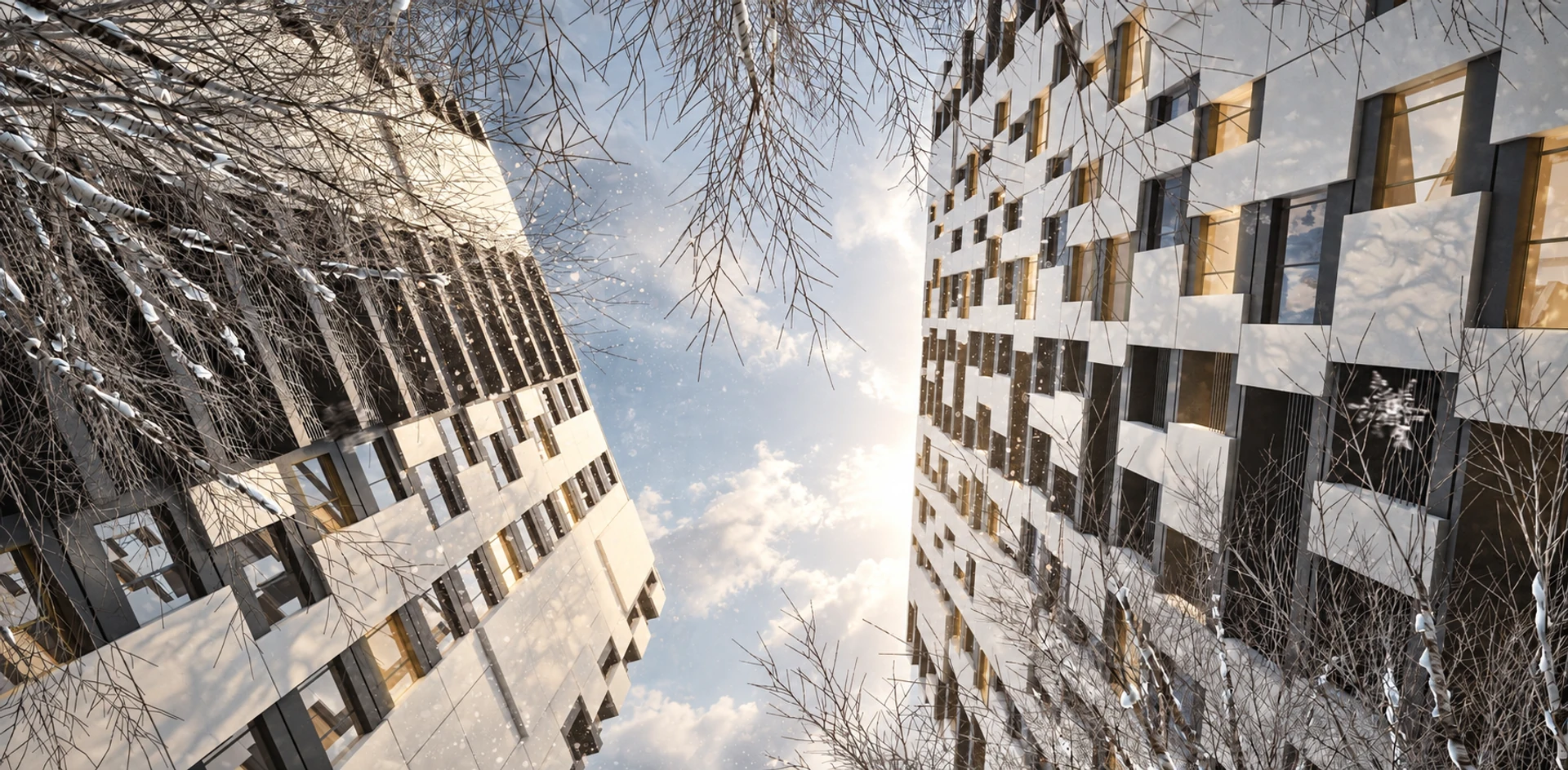 Residential tower façade in a winter landscape — design visualisation