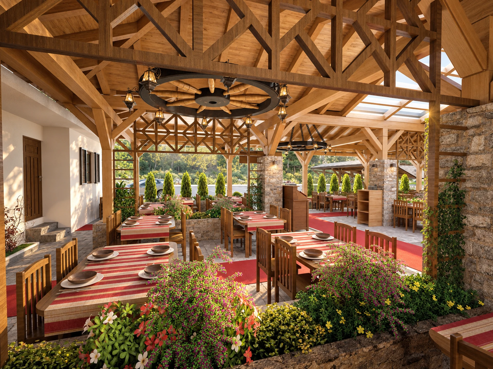 Restaurant garden beneath a timber roof — design visualisation