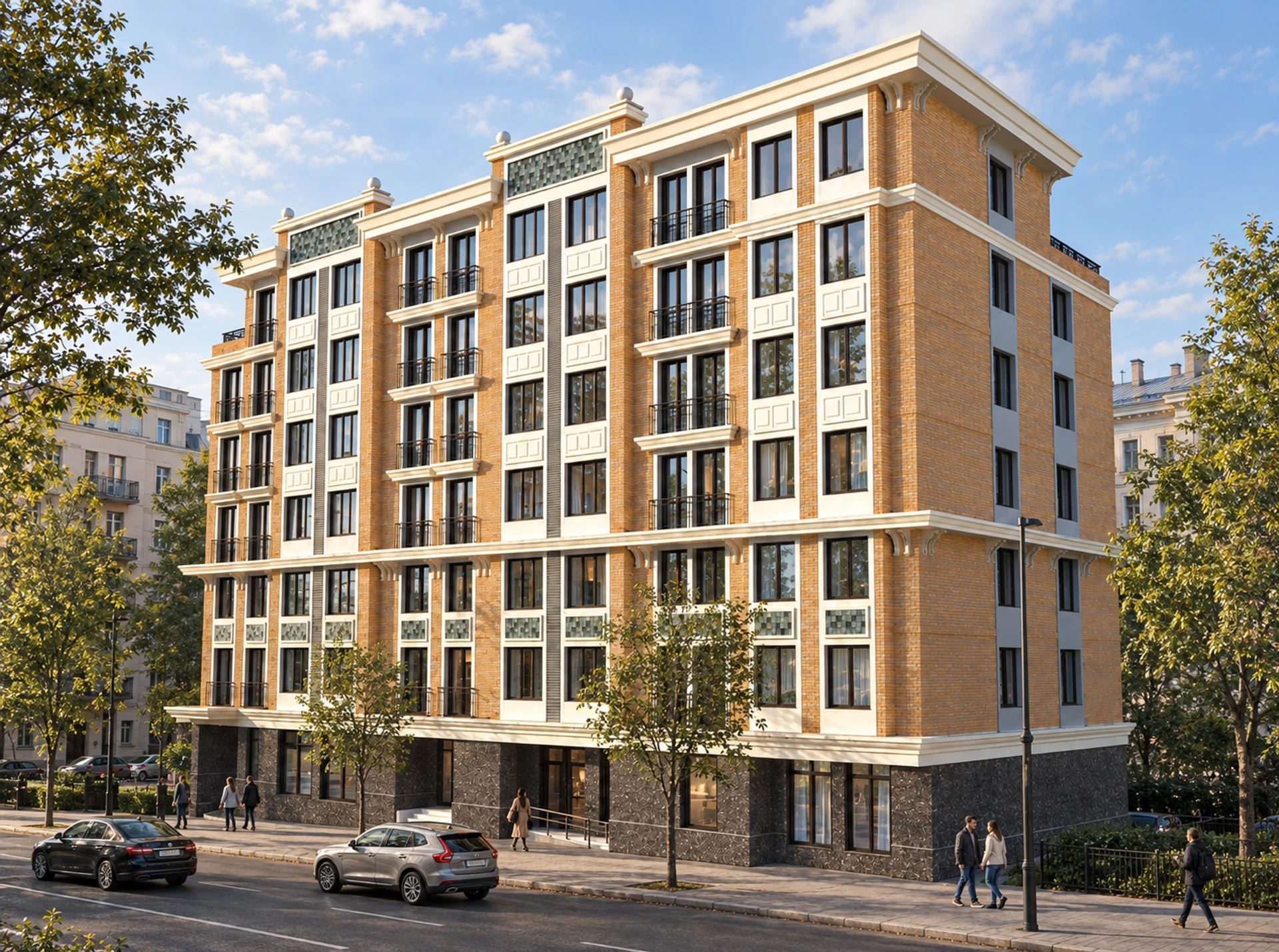 Lavrov Pereulok — brick and ivory exterior in an urban setting with green trees, pedestrians and cars