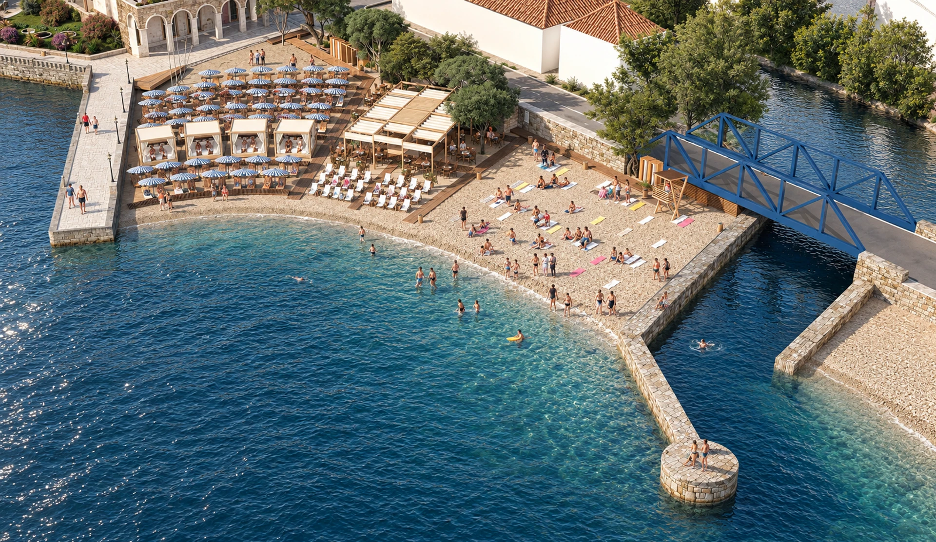 Lazeret Beach, Meljine — aerial view of the beach and waterfront