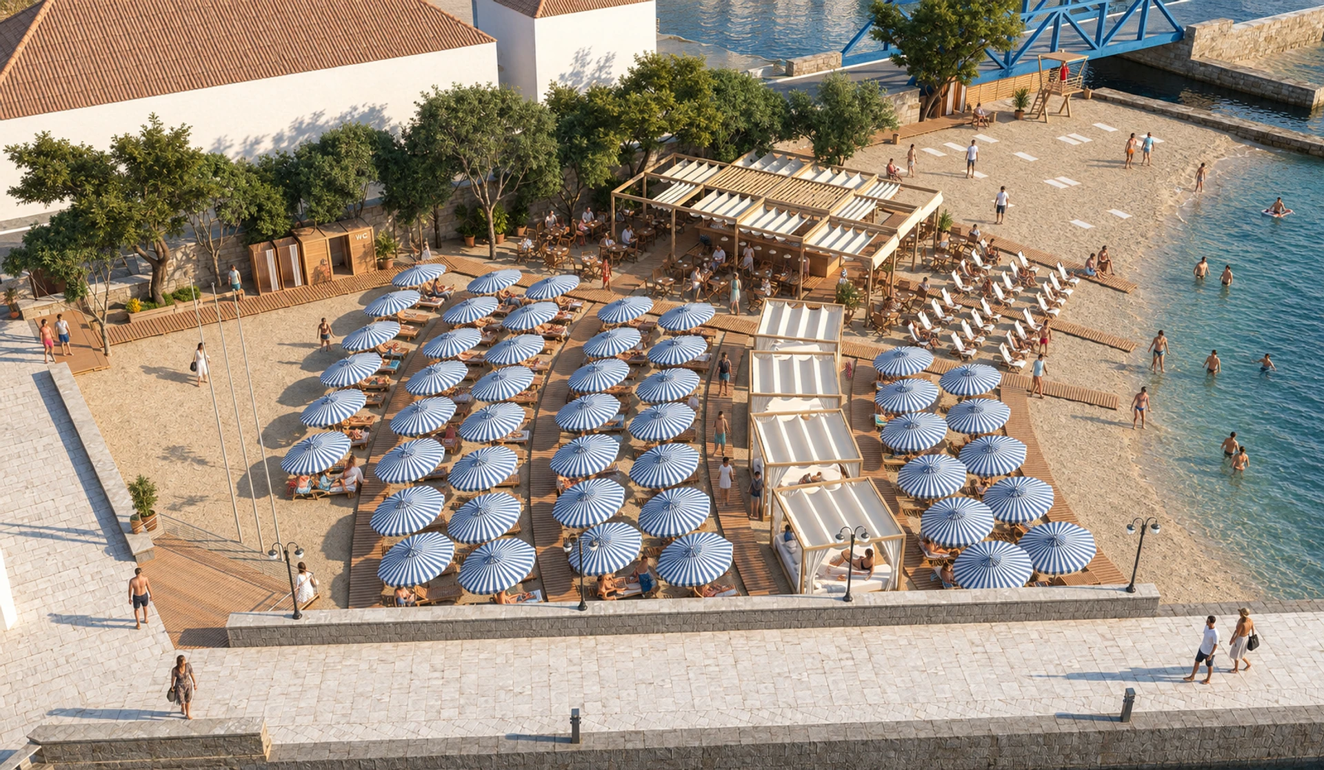 Lazeret Beach, Meljine — beach terraces, cabanas and parasols