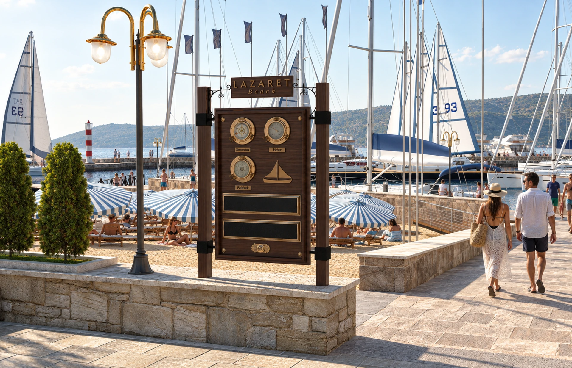 Lazeret Beach, Meljine — beach information point beside the marina