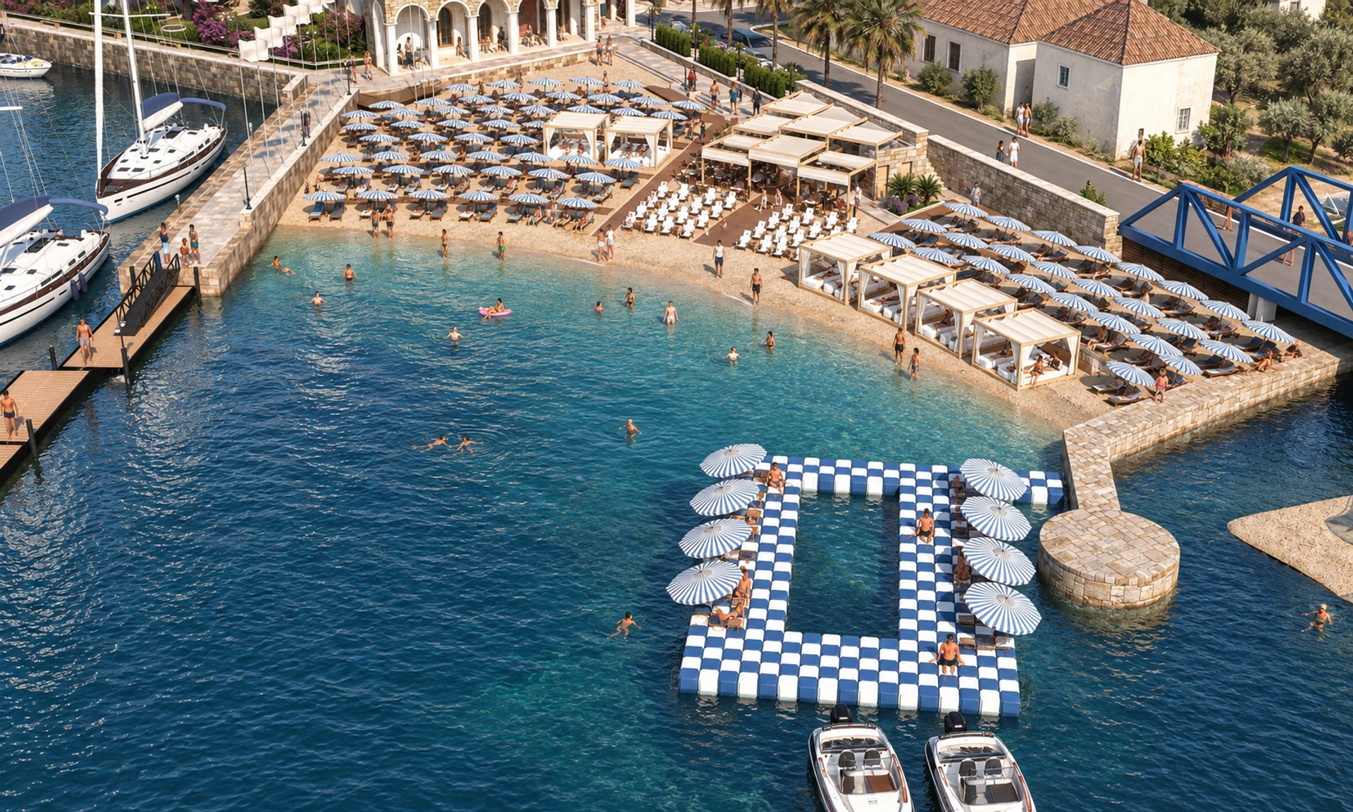 Lazeret Beach, Meljine — beach layout and floating leisure platform