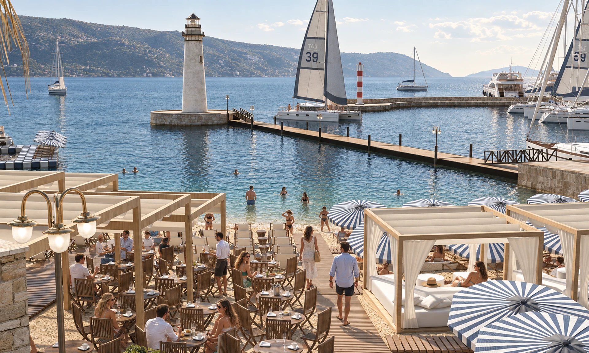 Lazeret Beach, Meljine — beach lounge overlooking the bay