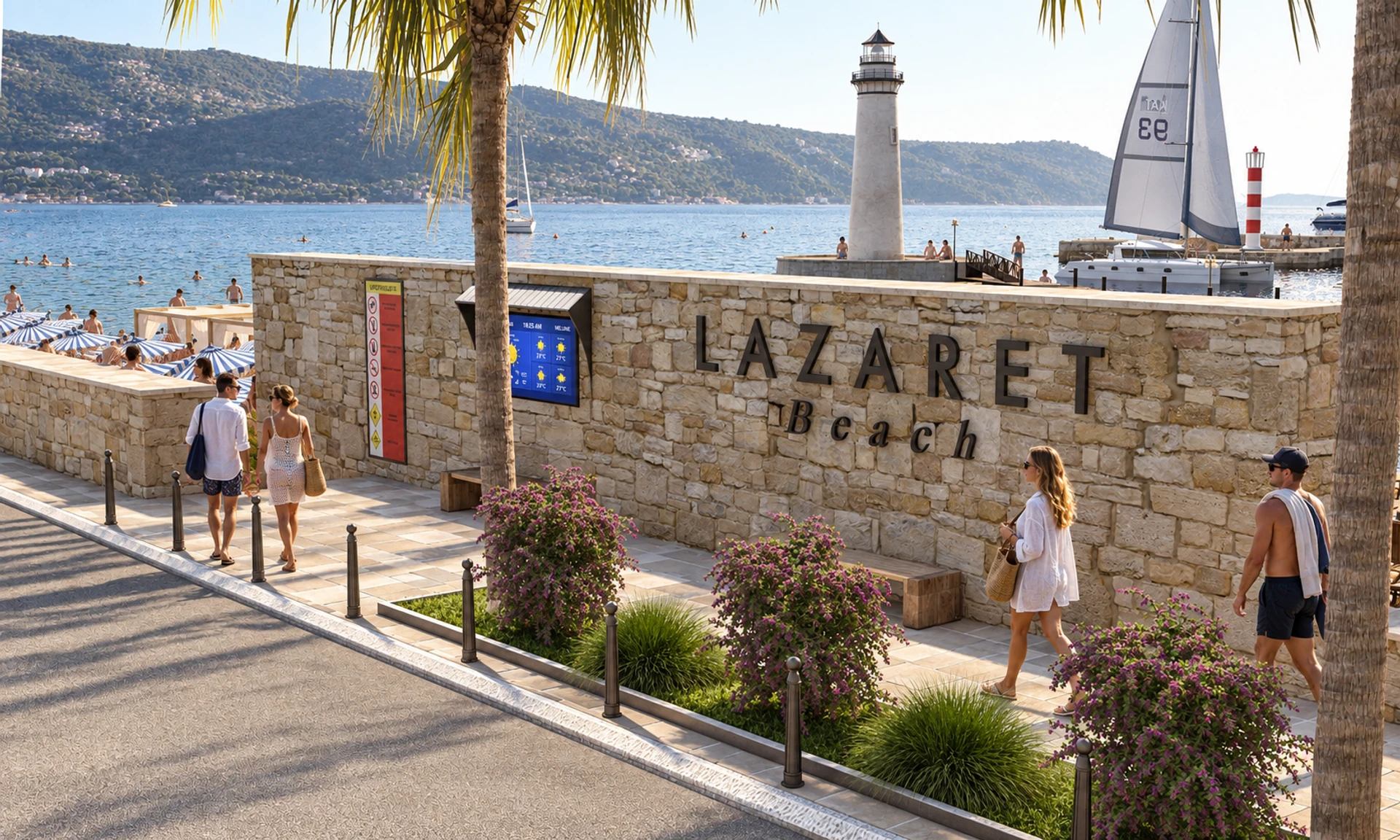 Lazeret Beach, Meljine — stone entrance wall and beach access