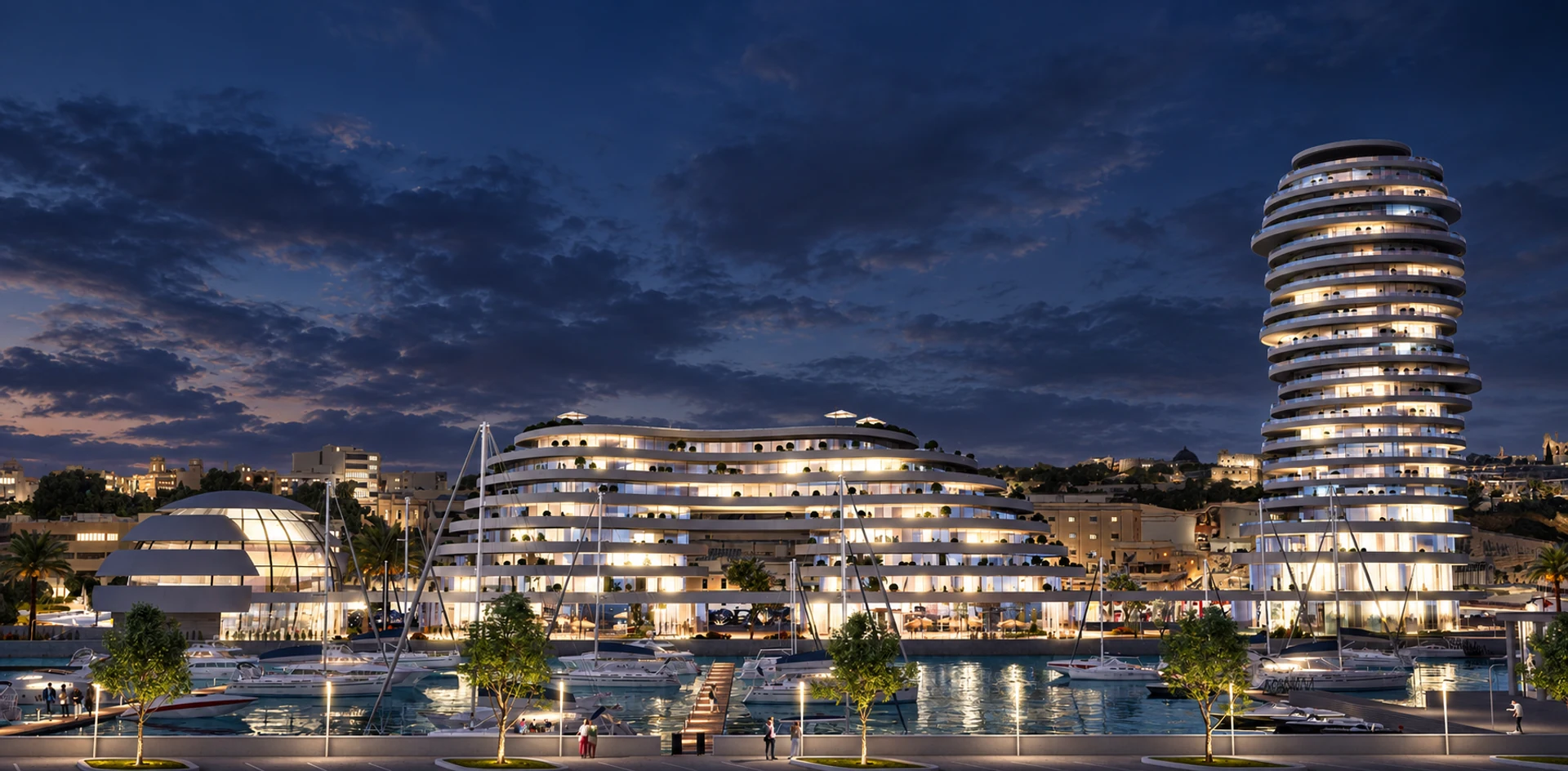 Mixed-use waterfront and marina at night — design visualisation