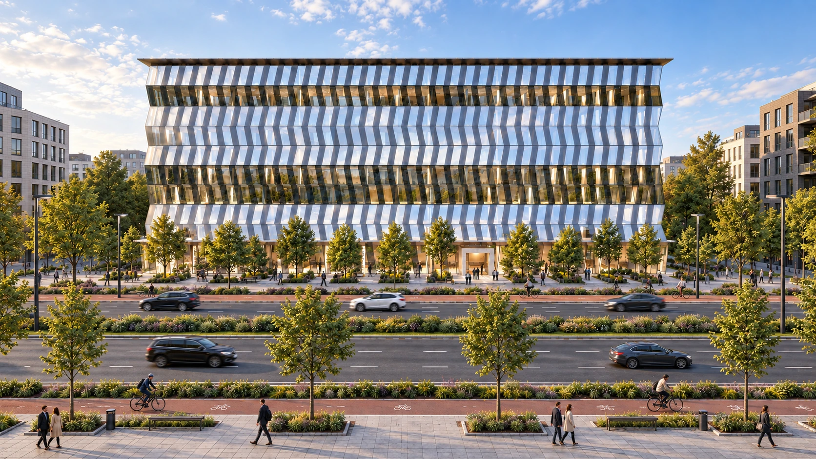 Moscow Office Building viewed from across the landscaped boulevard