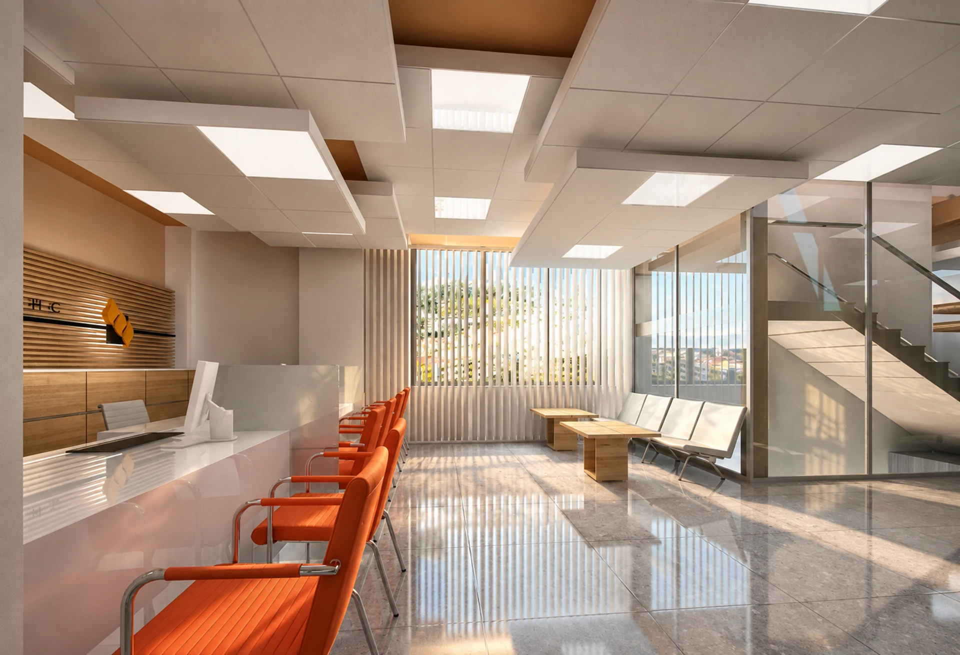 Bank reception and customer seating — design visualisation