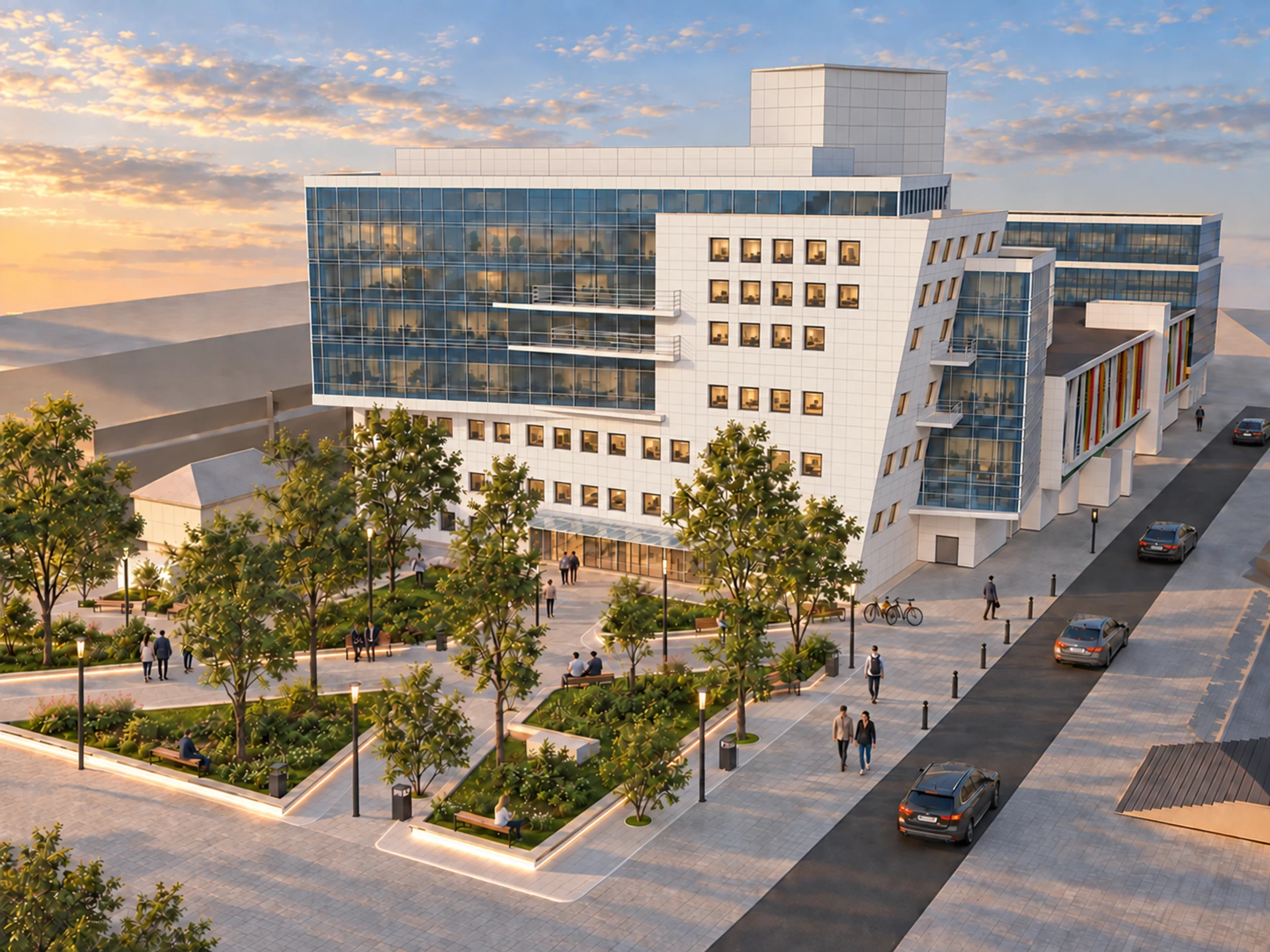 Business centre and garden from the street — design visualisation