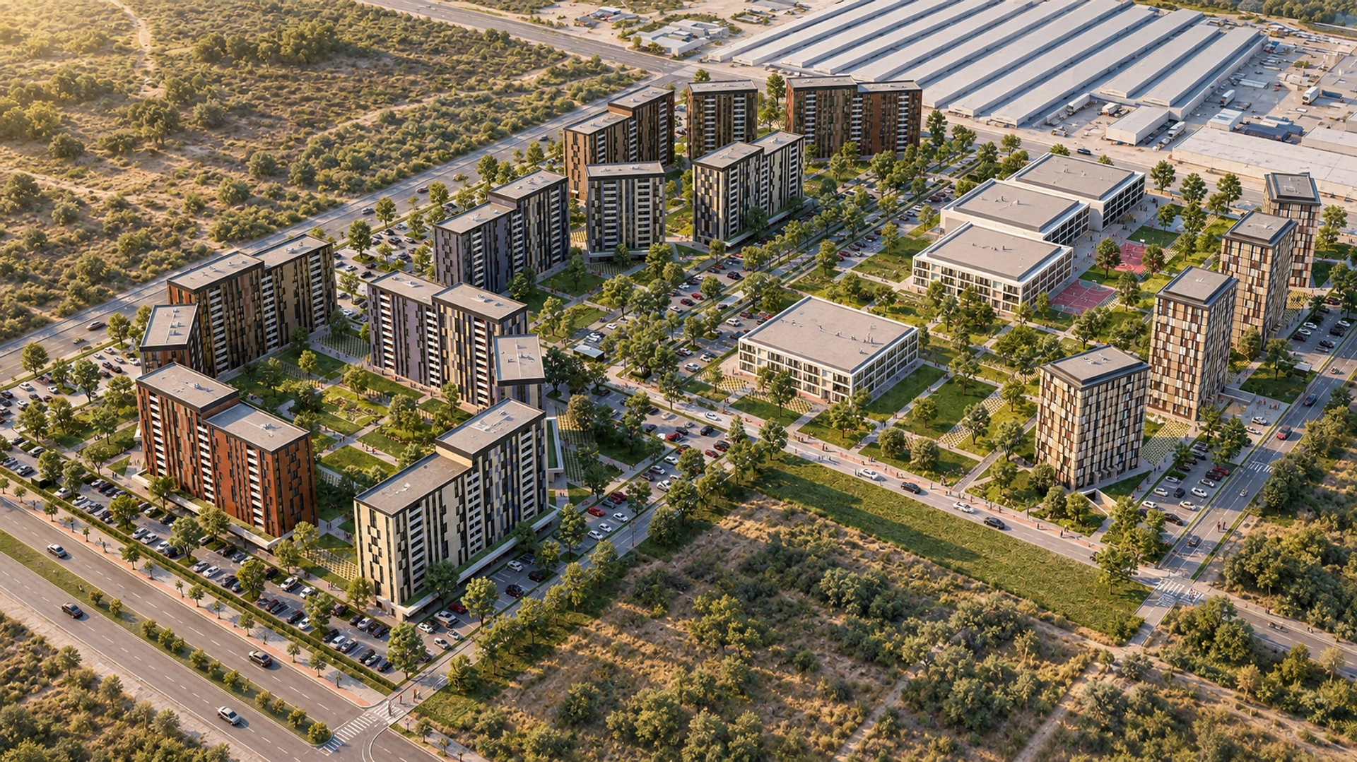 Residential quarter and school — aerial design visualisation