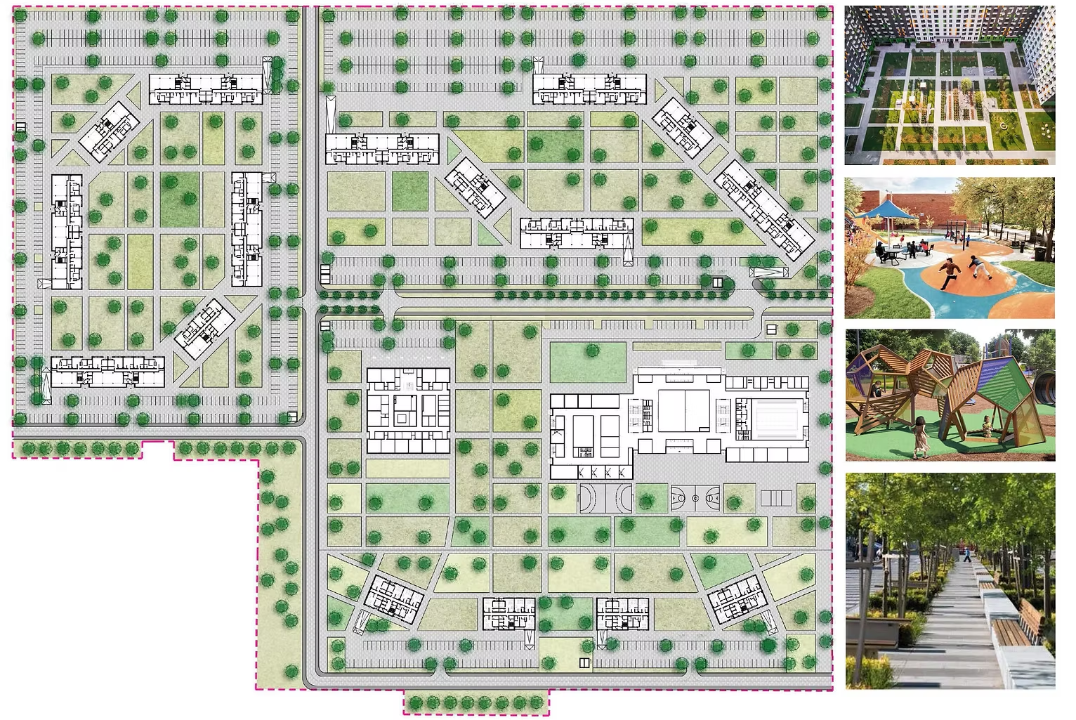 Masterplan drawing of the residential quarter with four landscape and playground reference photographs.