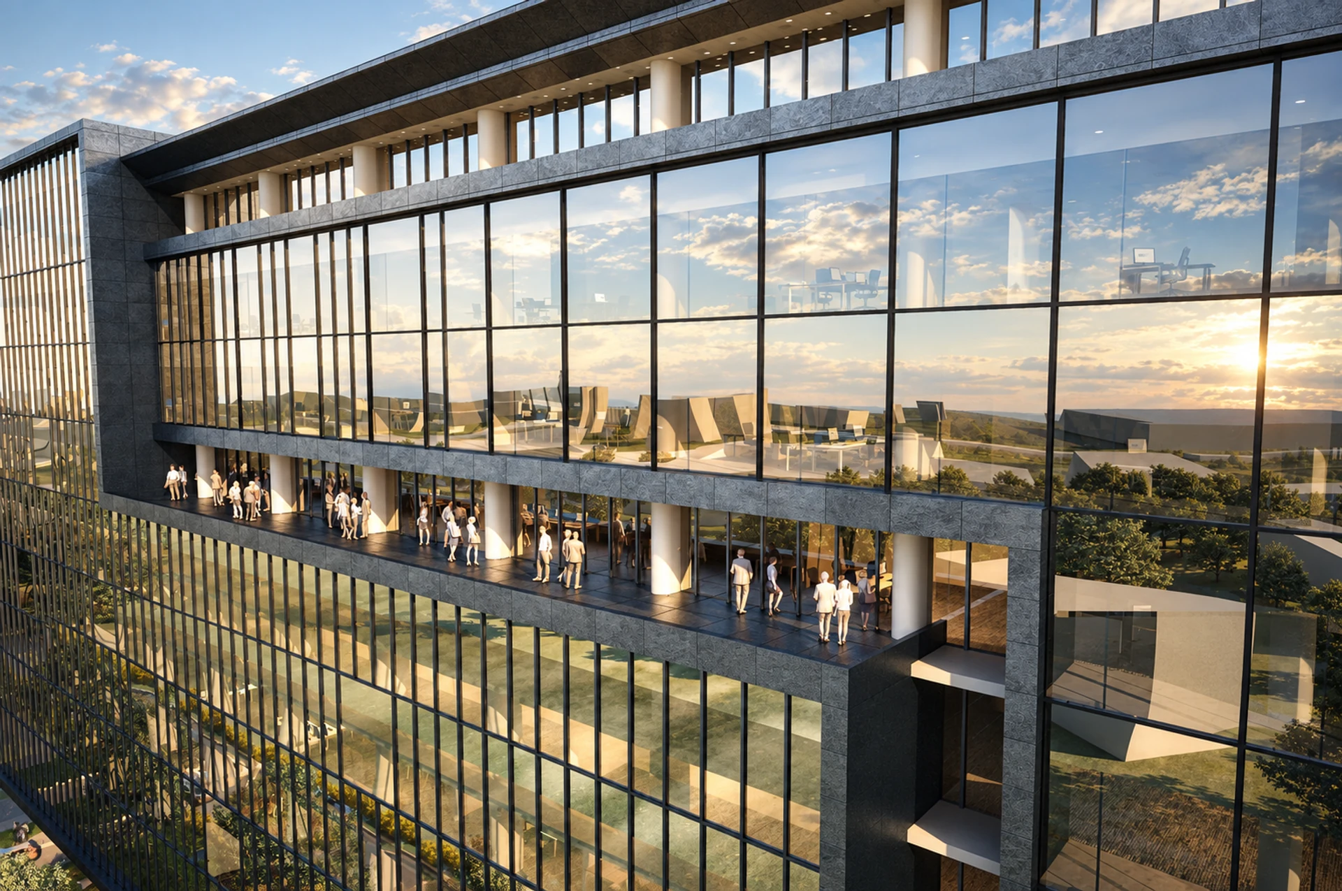 Glazed office façade and terrace — design visualisation