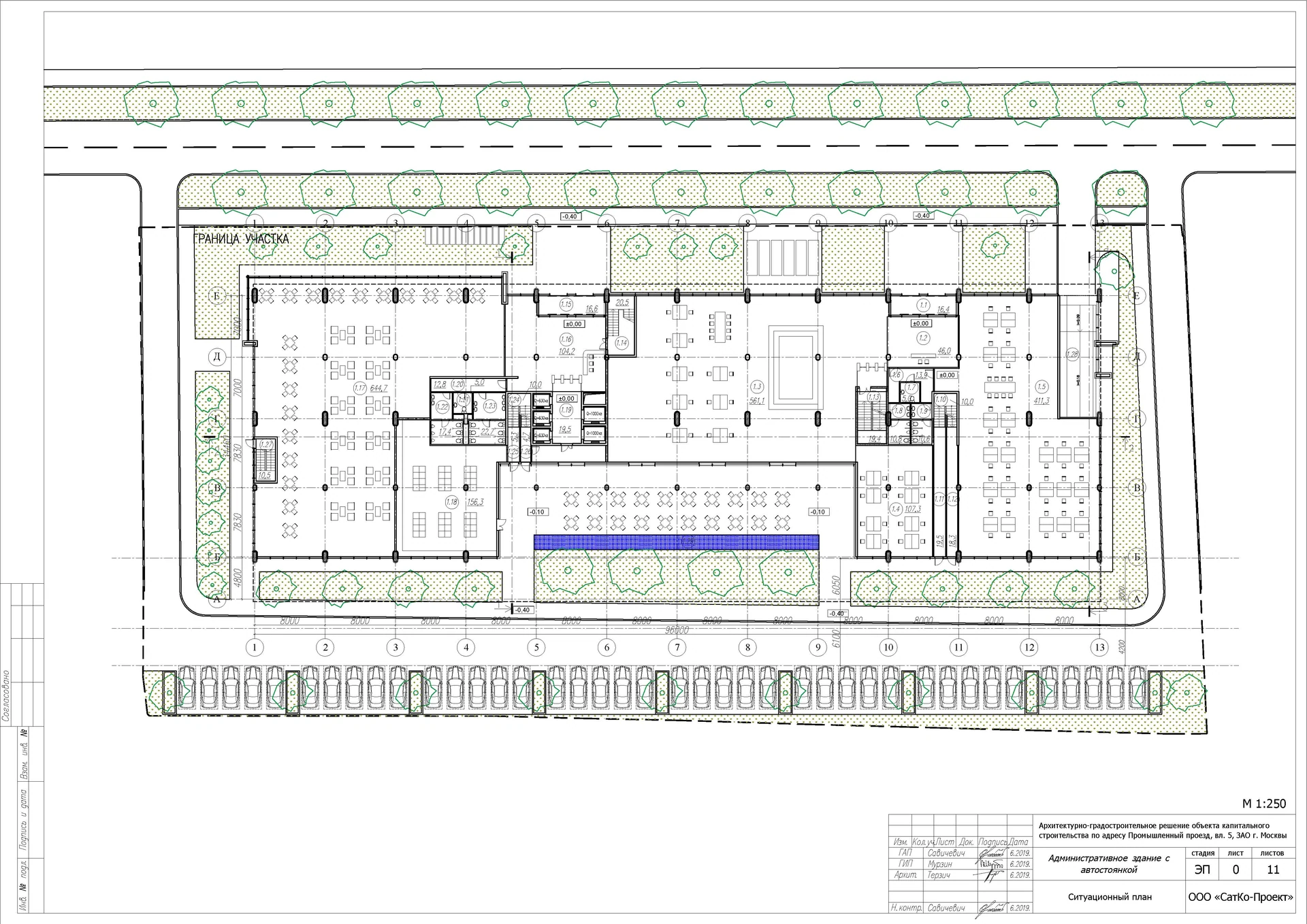 Office building site and ground-floor plan