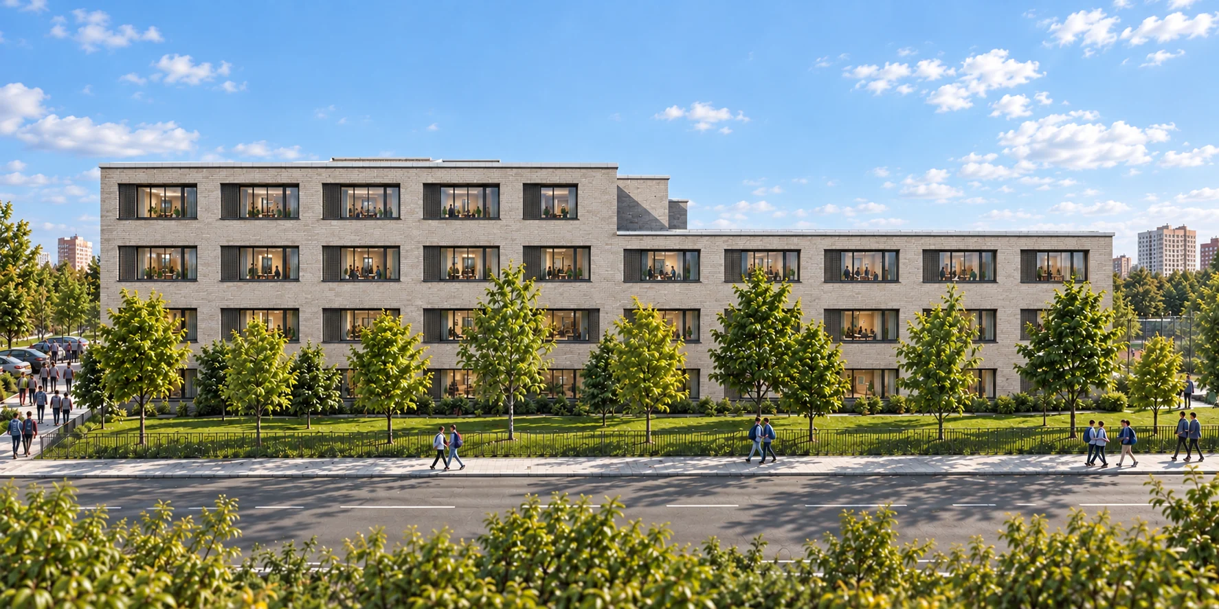 Frontal view of the school with the horizon at mid-facade height, landscaped frontage and students on the paths.