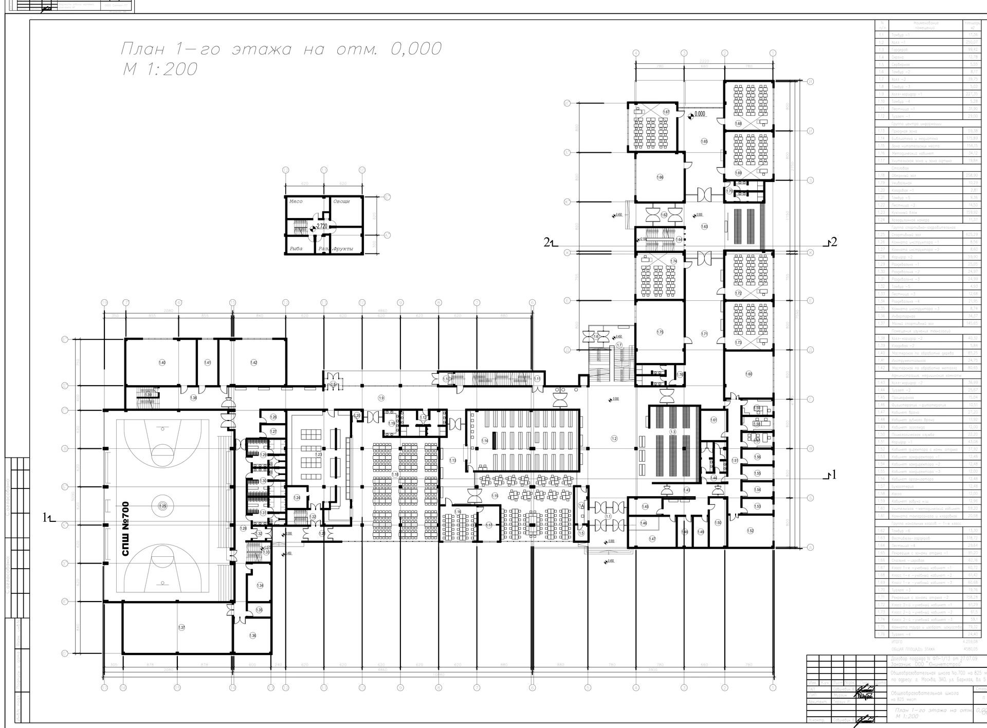 Original ground-floor plan showing school rooms, gym, circulation and classrooms.