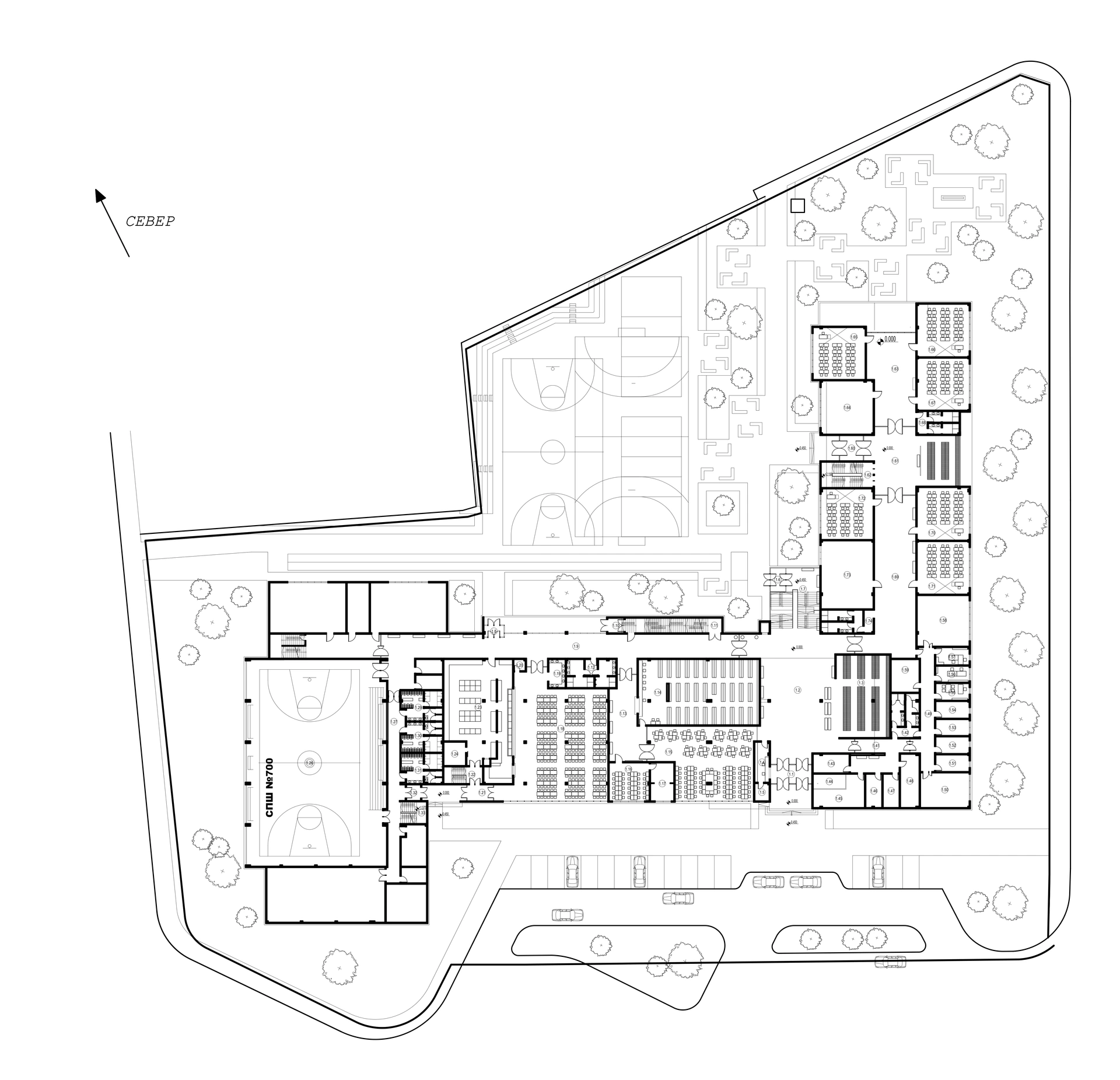 Original CAD site plan showing the school buildings, sports grounds and landscaped site.