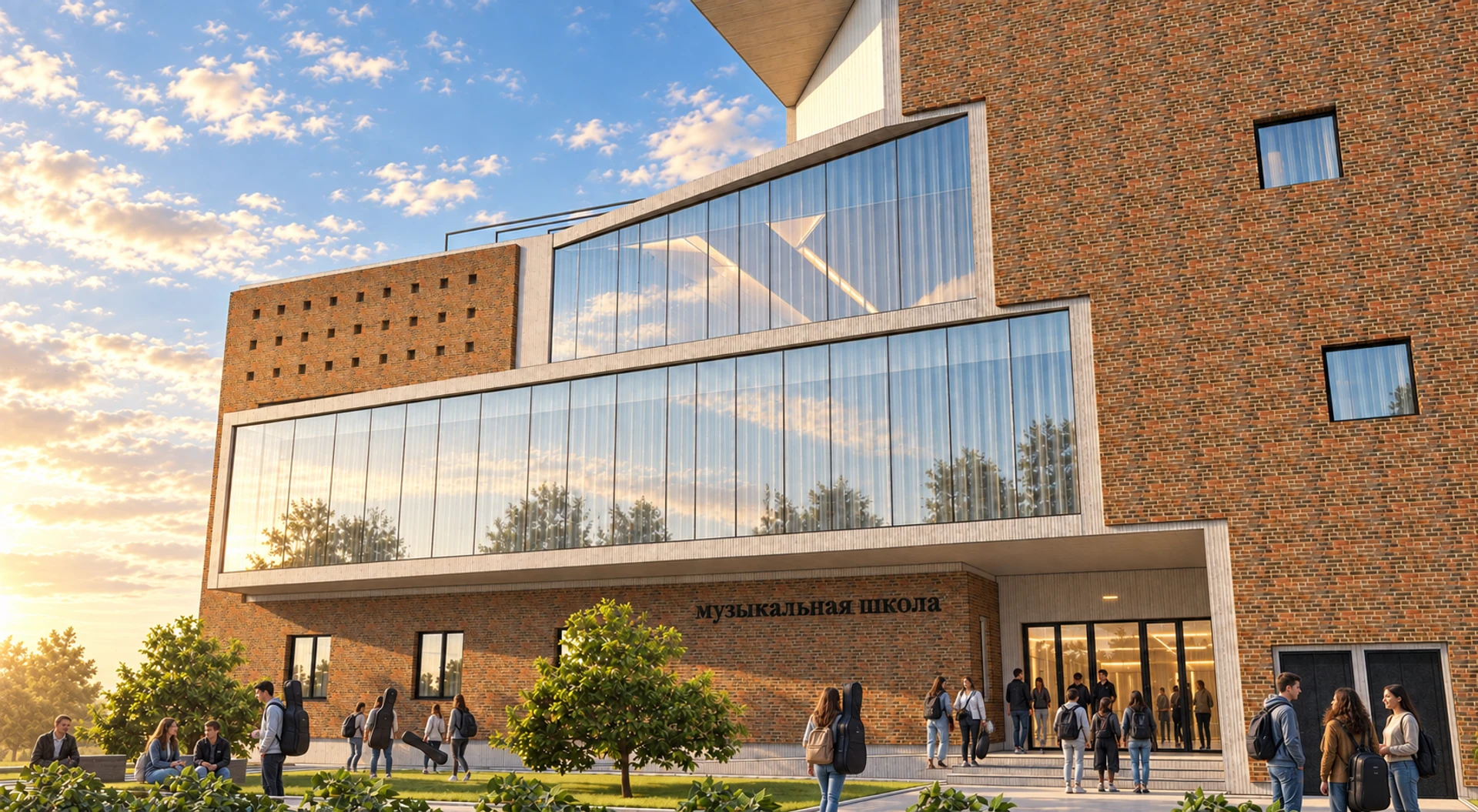 Students with instrument cases gathering at the school entrance beneath the glass facade.