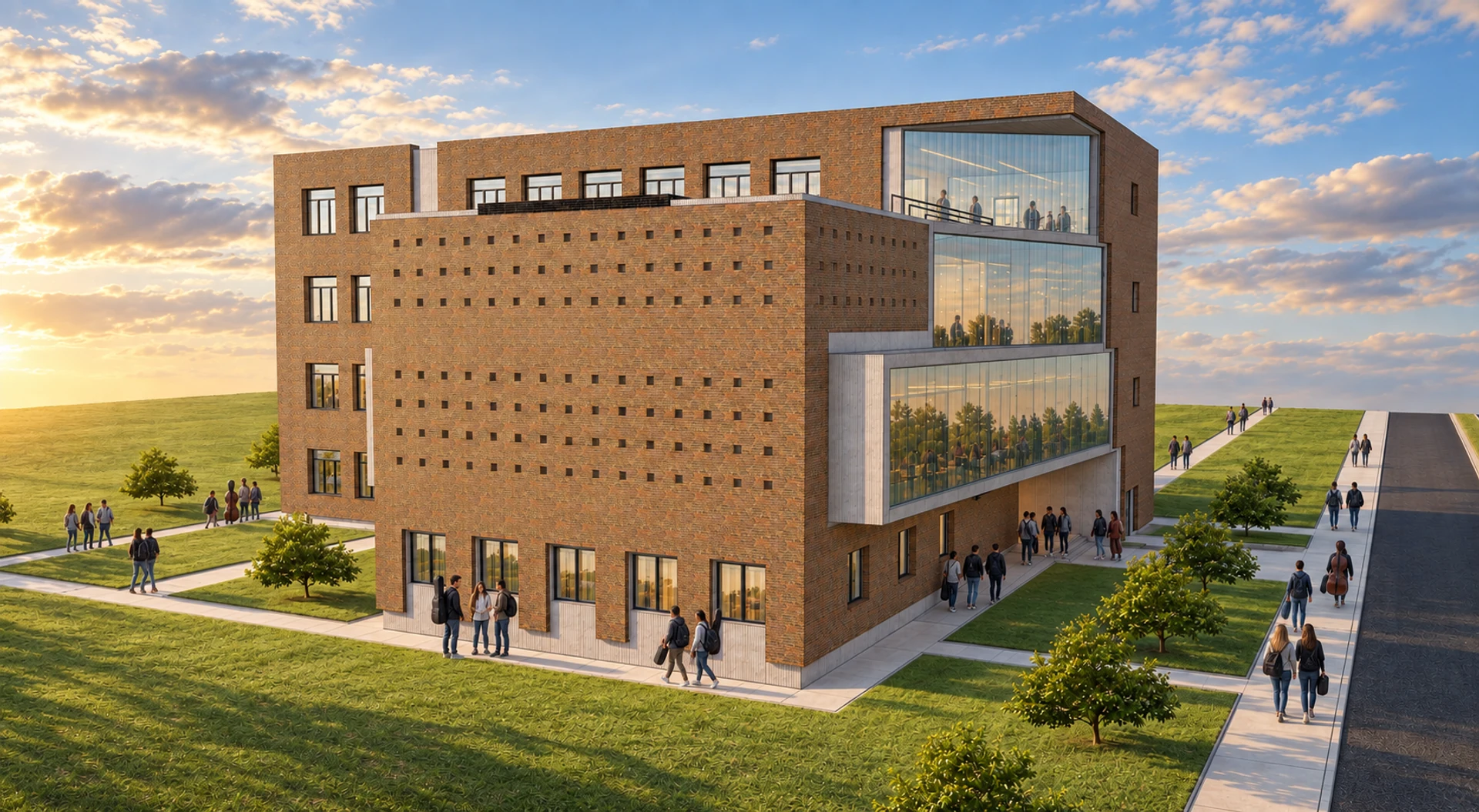 Students walking around the side brick facade and glazed school wing.