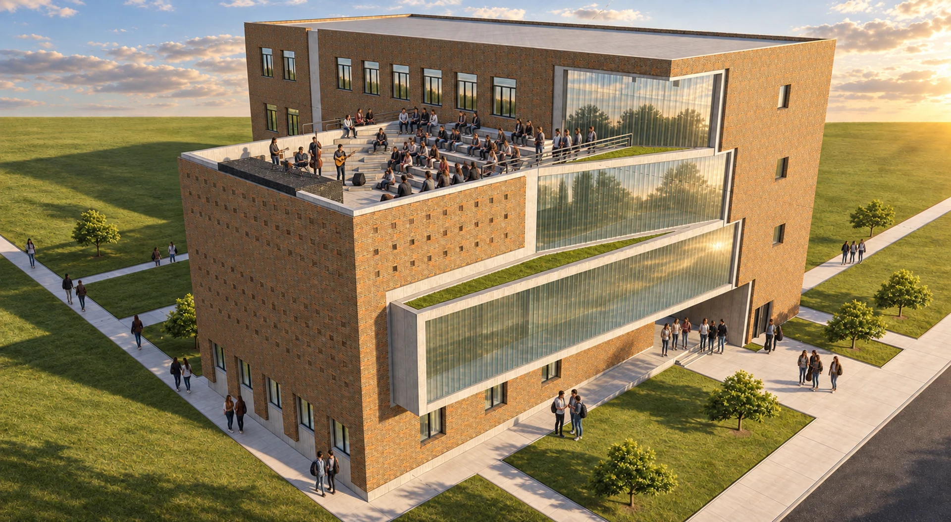Students attending a performance in the rooftop amphitheatre above the brick school.