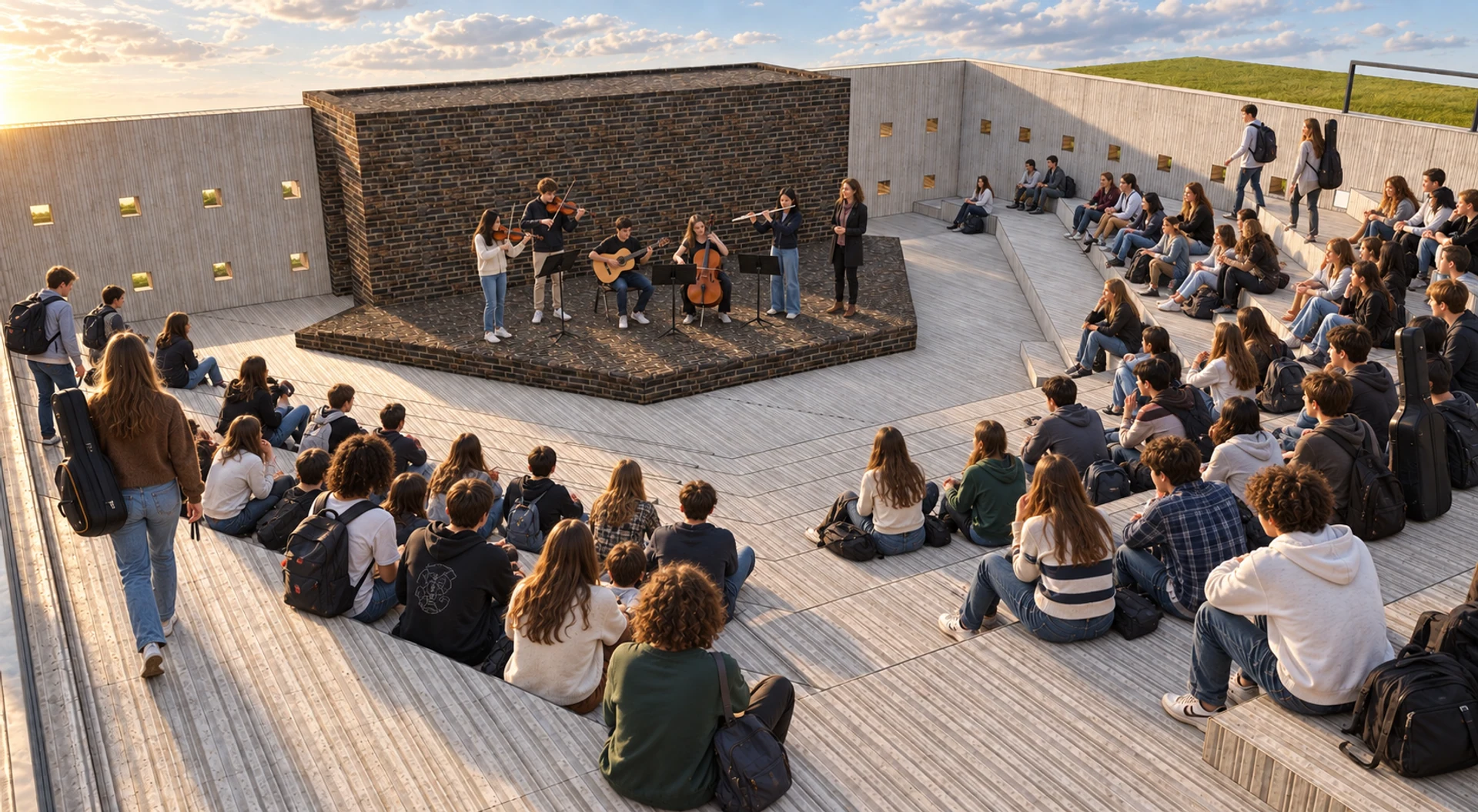 Music students performing for classmates in the rooftop amphitheatre.
