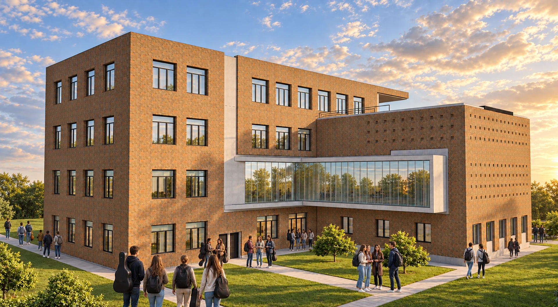 Students gathering beneath the glass connector in the school courtyard.